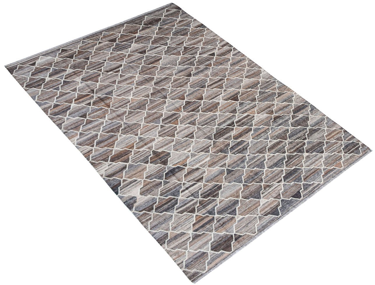 Handwoven Afghan Maimana kilim rug featuring a geometric pattern in shades of brown and grey.