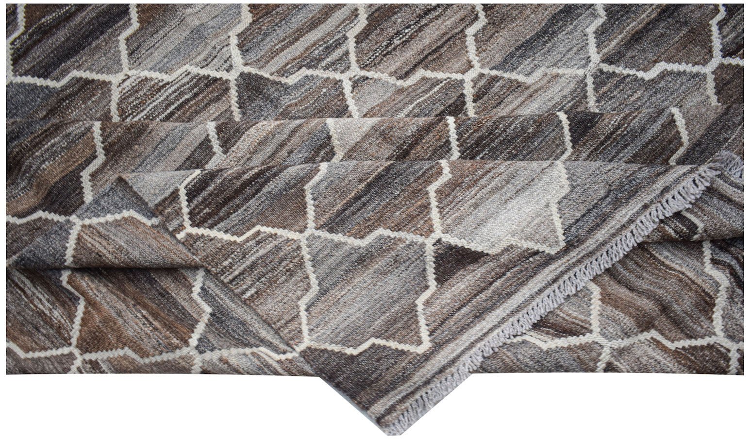 Handwoven Afghan Maimana kilim rug featuring a geometric pattern in shades of brown and grey.