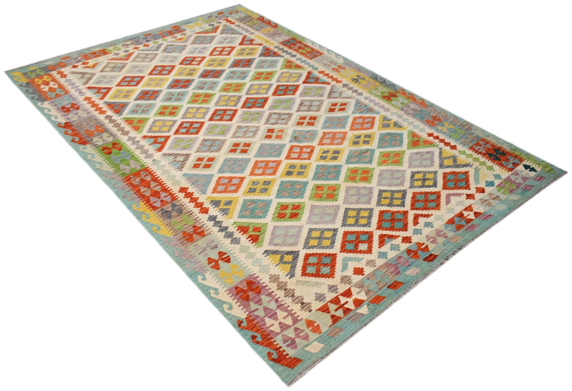 Handwoven Afghan Maimana kilim rug featuring a colorful geometric diamond pattern.