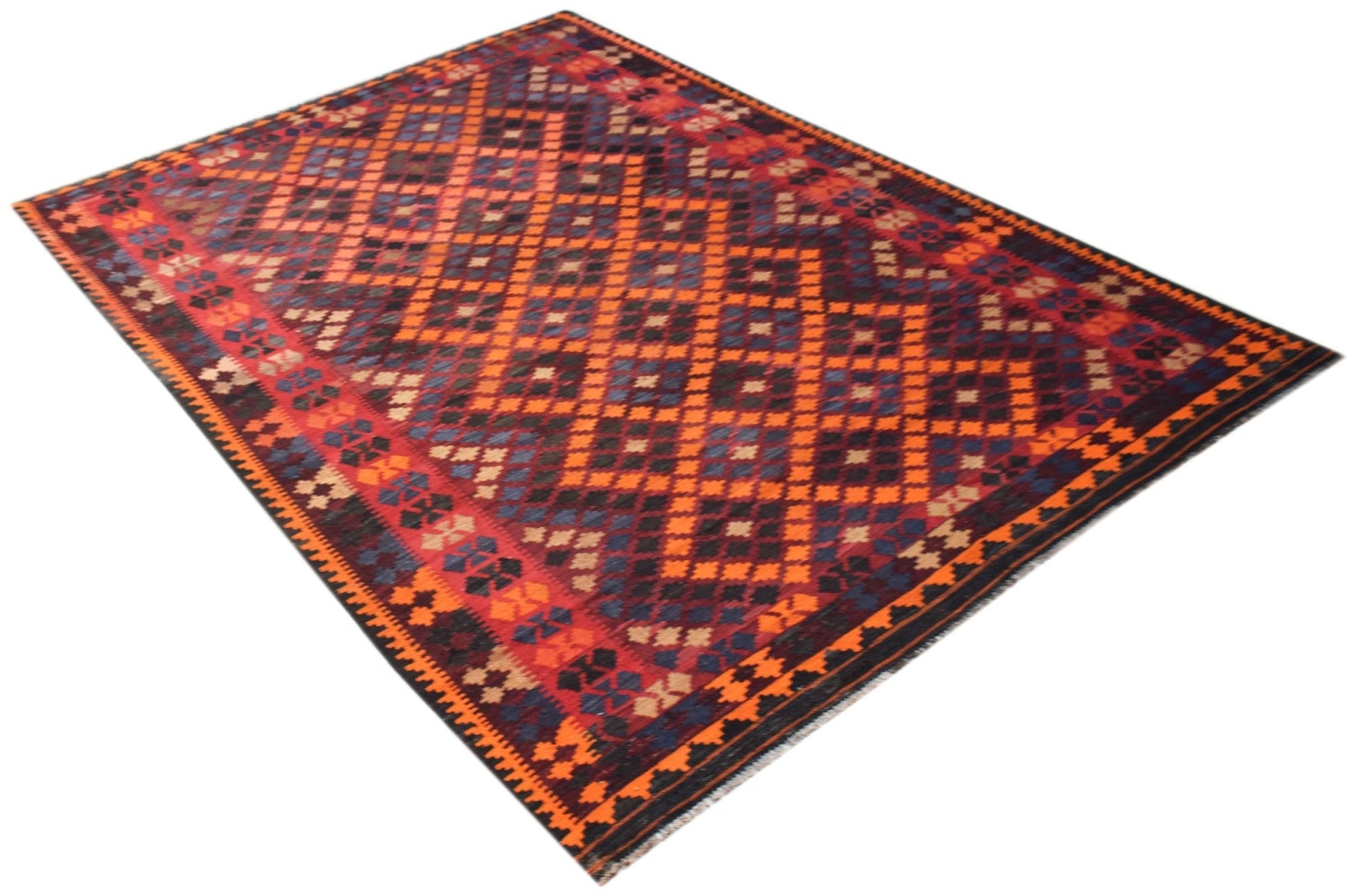 A handmade Afghan Maimana kilim rug featuring a geometric diamond pattern in orange, blue, and black.