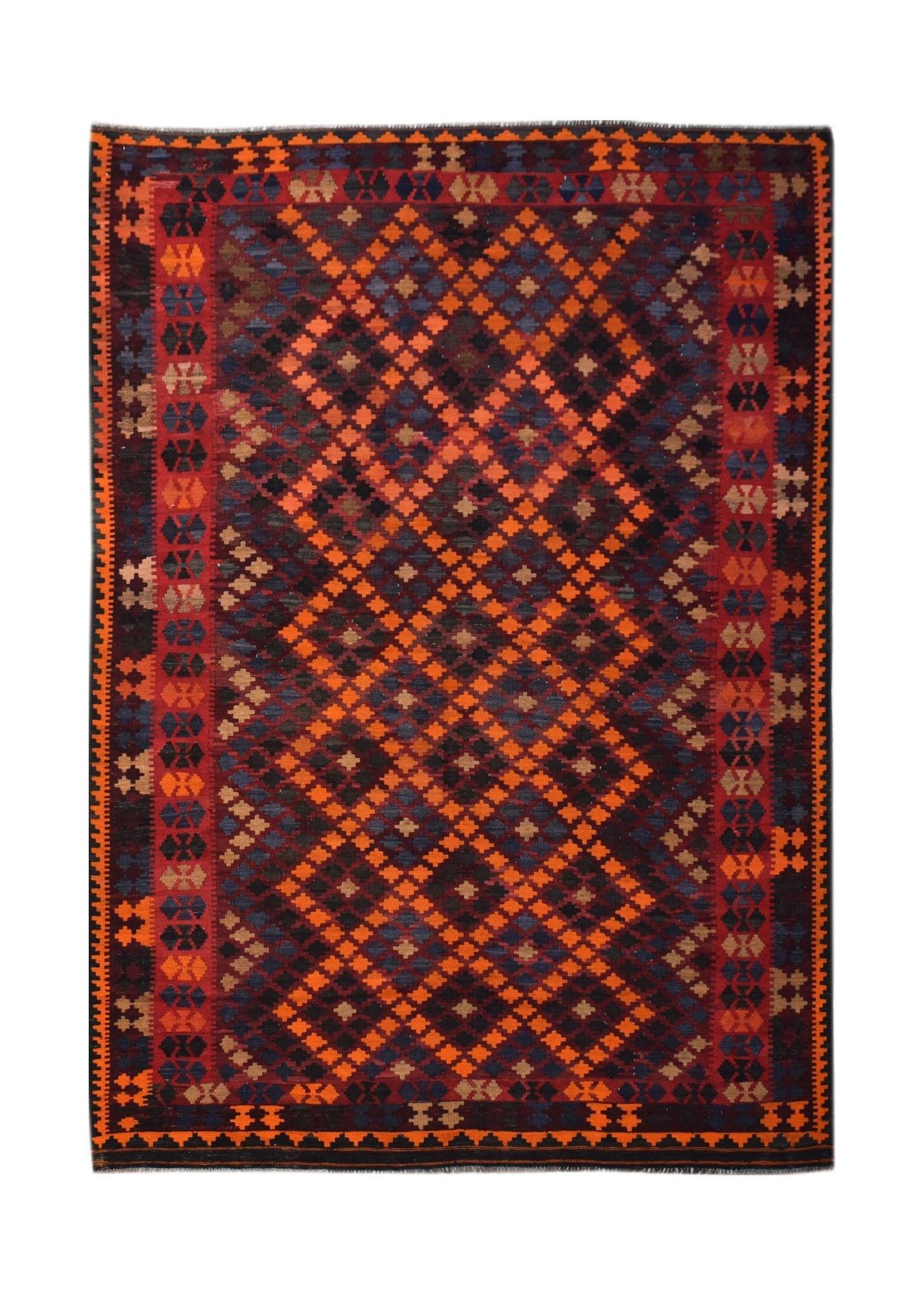 Handwoven Afghan Maimana kilim featuring a geometric diamond pattern in orange, blue, and black.