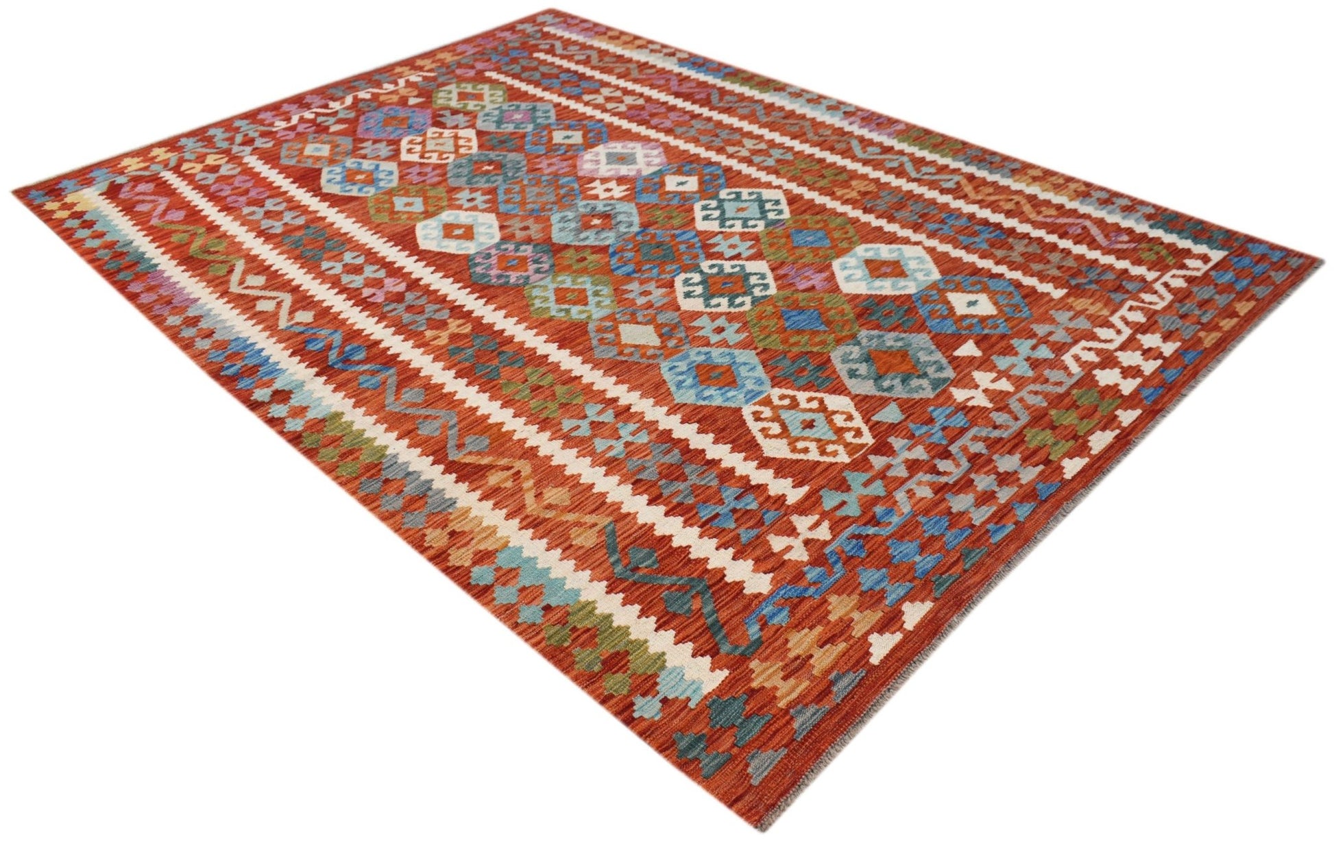 A handmade Afghan Maimana kilim rug featuring a vibrant geometric pattern in warm earthy tones.