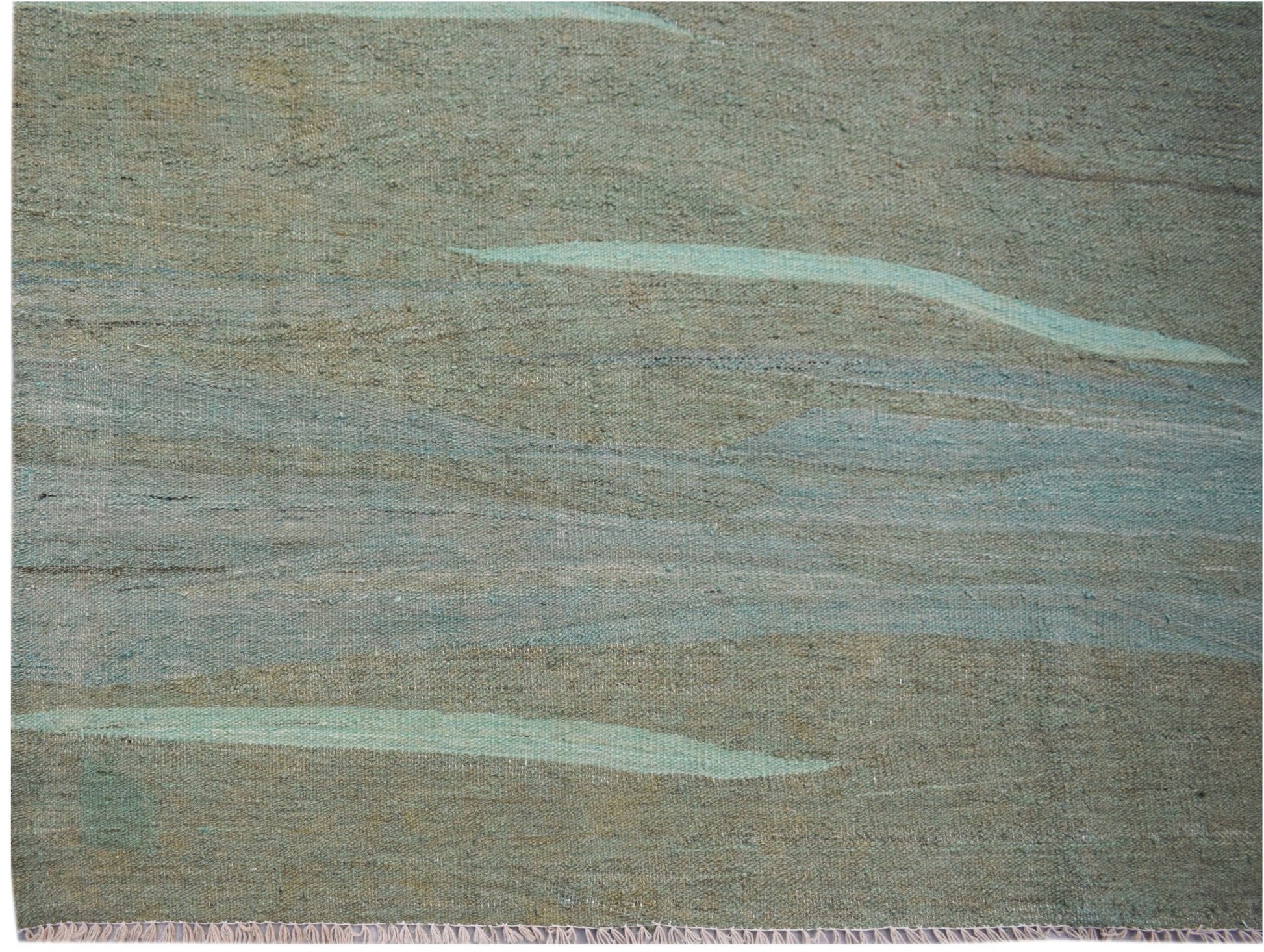 Handwoven Afghan Maimana kilim featuring a flat-weave texture with abstract blue and grey tones.
