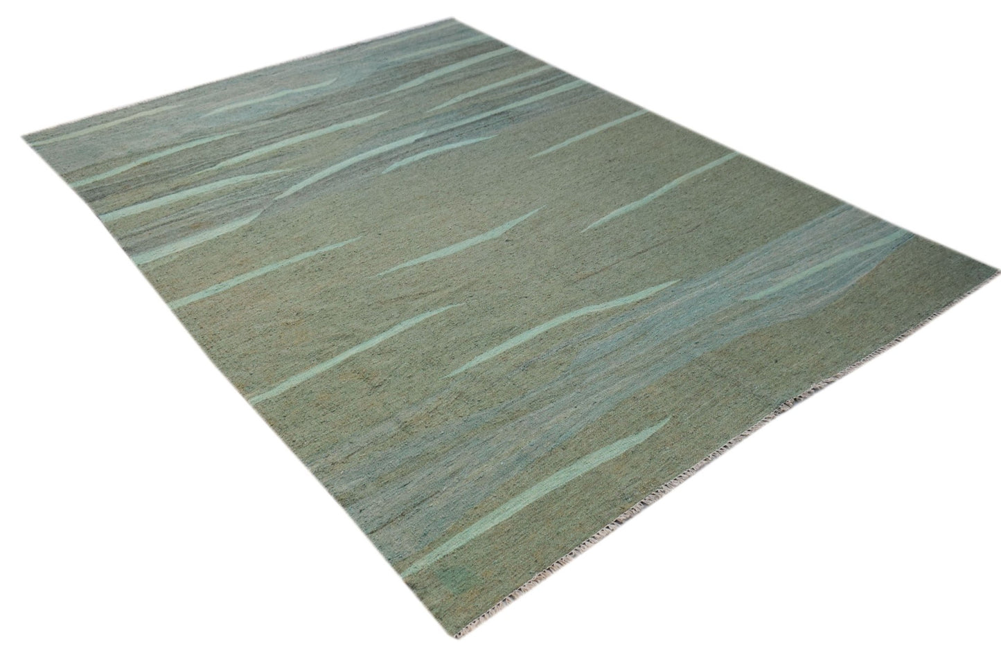 A handmade Afghan Maimana kilim rug featuring a flatweave texture and abstract green patterns.