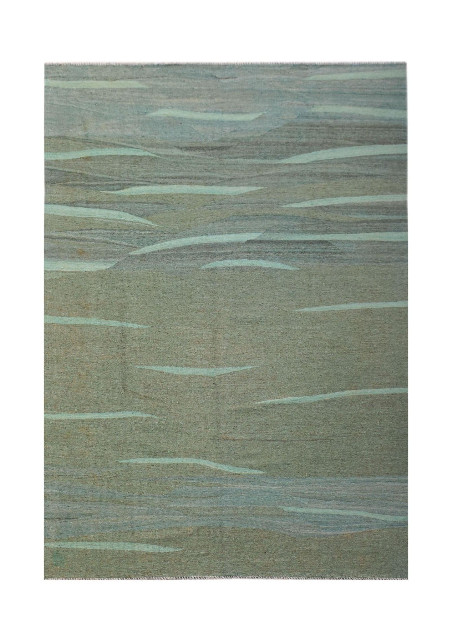 Handwoven Afghan Maimana kilim rug featuring an abstract pattern of soft green and grey tones.
