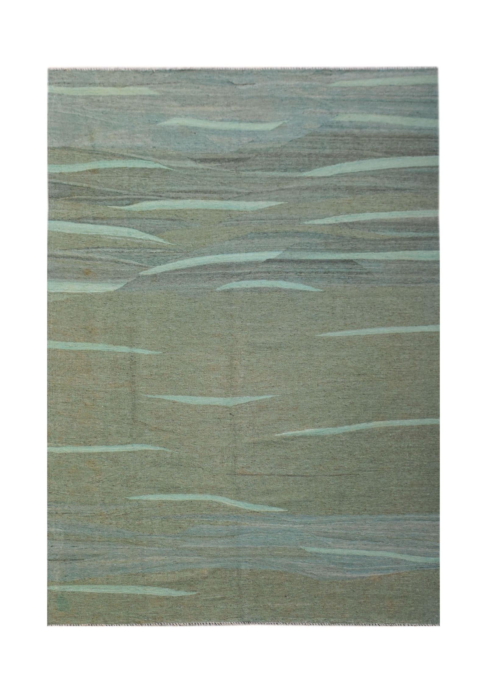 Handwoven Afghan Maimana kilim rug featuring an abstract pattern of soft green and grey tones.