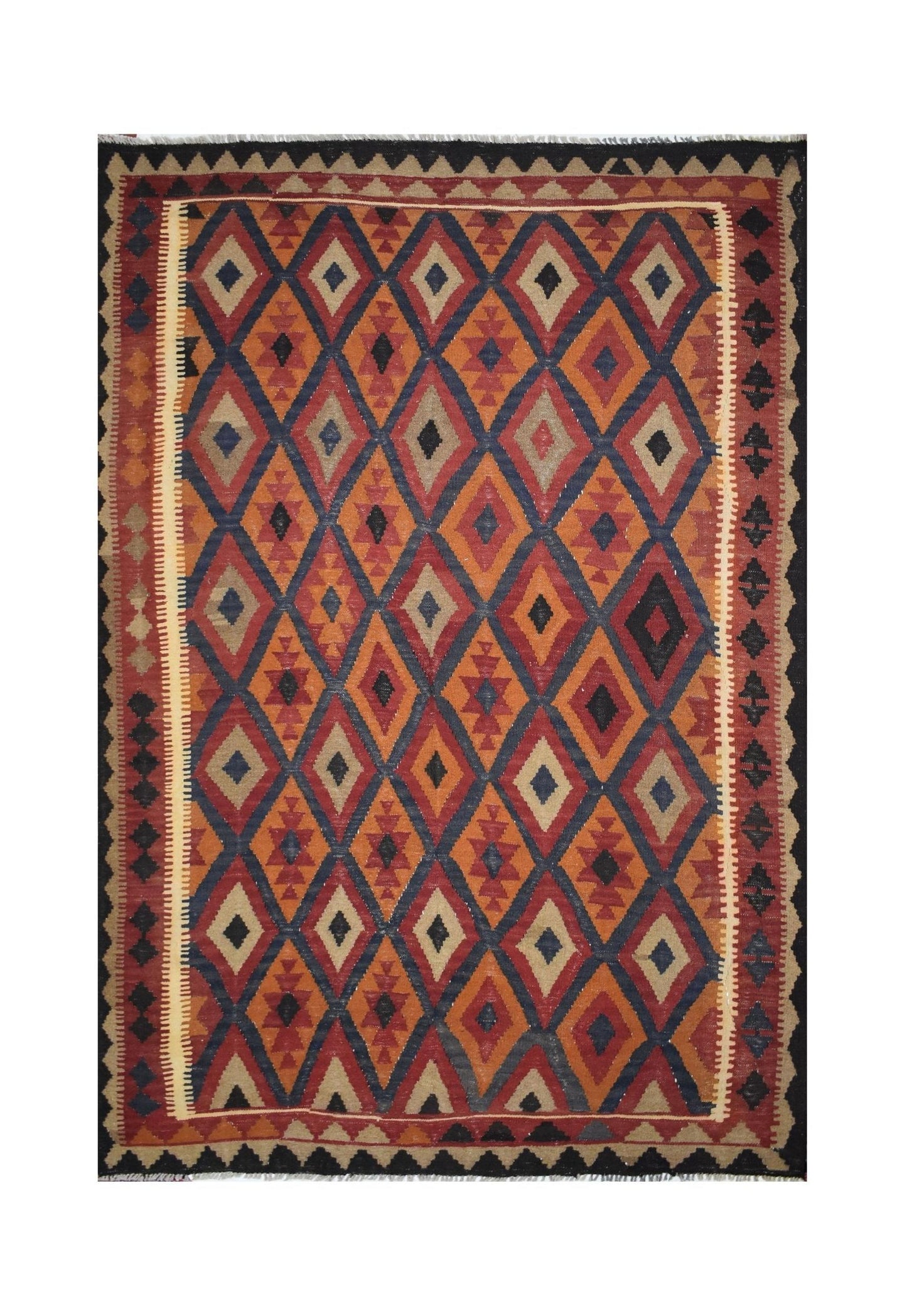 Handmade Afghan Maimana kilim rug featuring a geometric diamond pattern in warm earth tones.