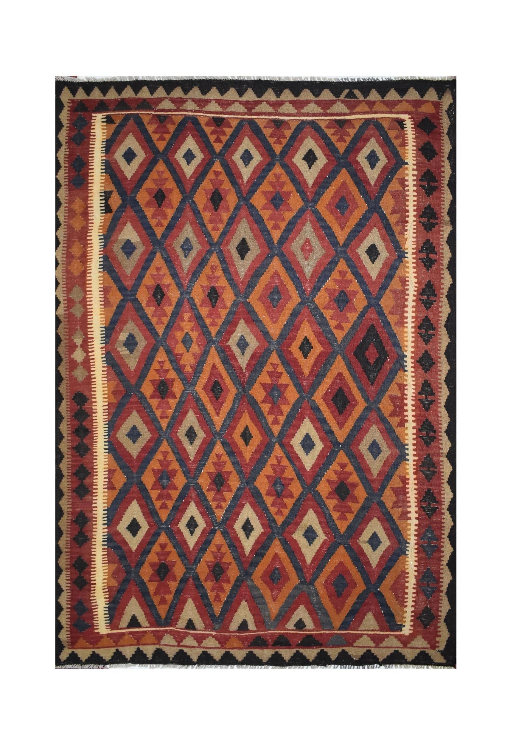 Handmade Afghan Maimana kilim rug featuring a geometric diamond pattern in warm earth tones.