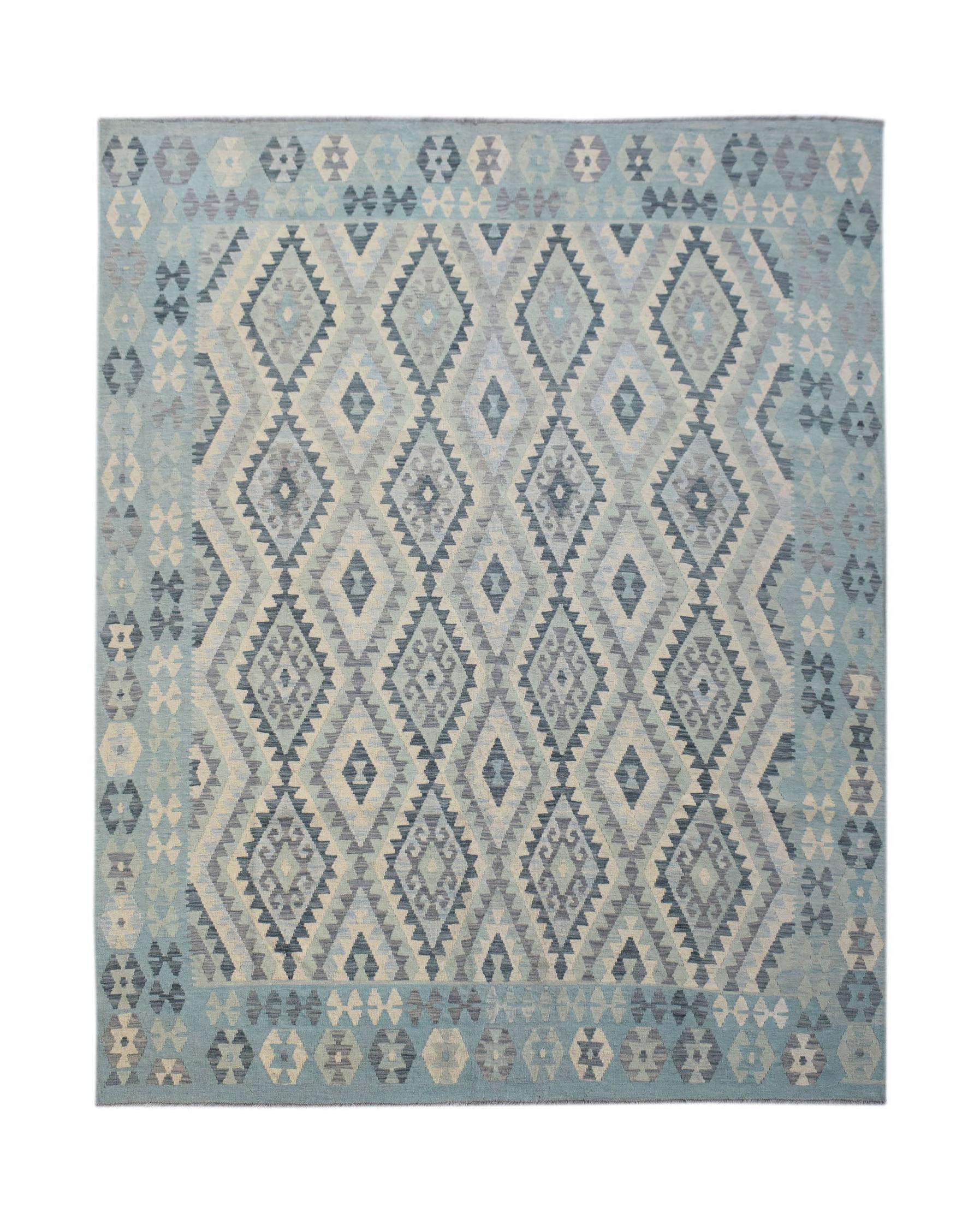 Handwoven Afghan Maimana kilim rug featuring a blue geometric diamond pattern in wool.