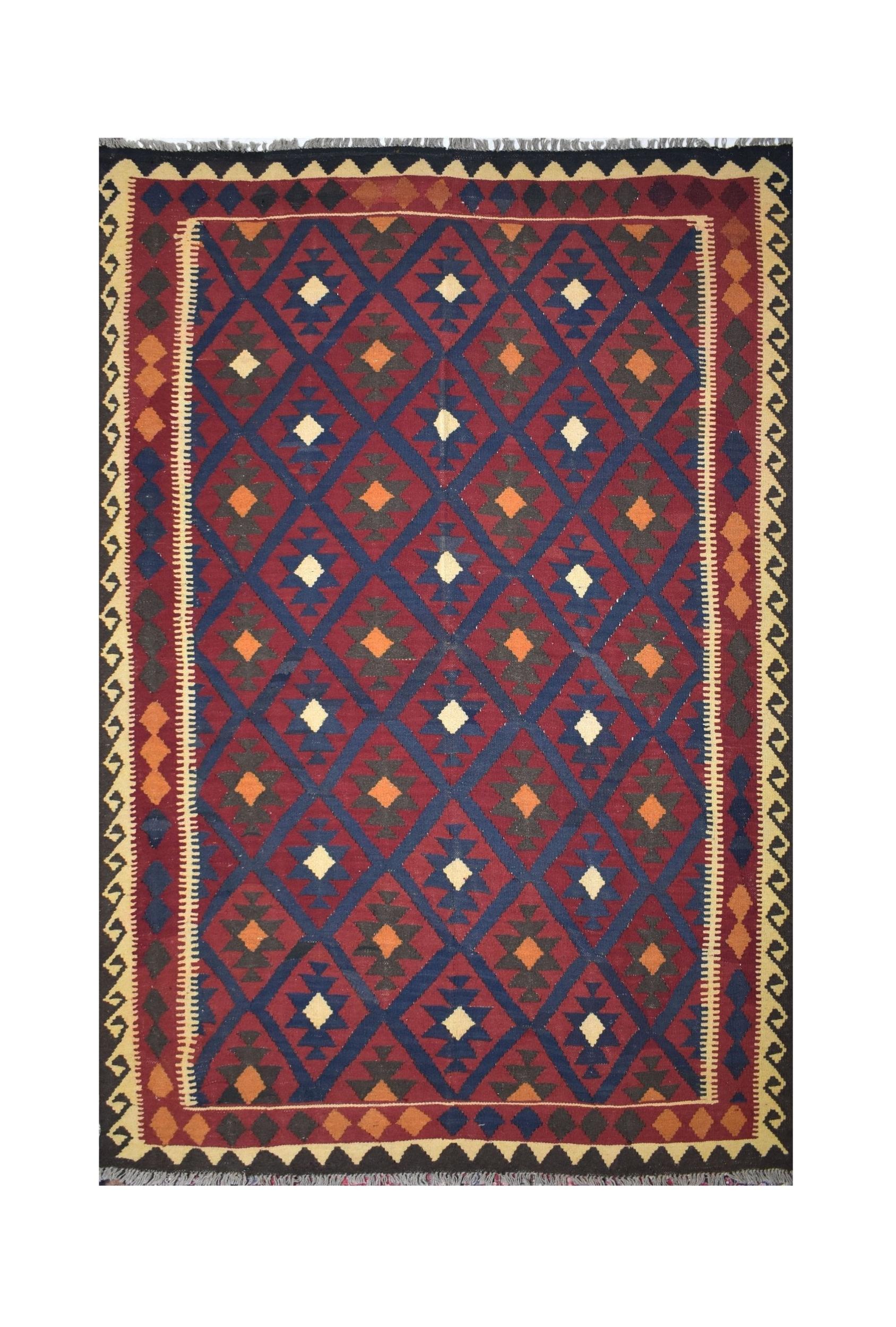 Handmade Afghan Maimana kilim rug featuring a geometric diamond pattern in red, blue, and orange.