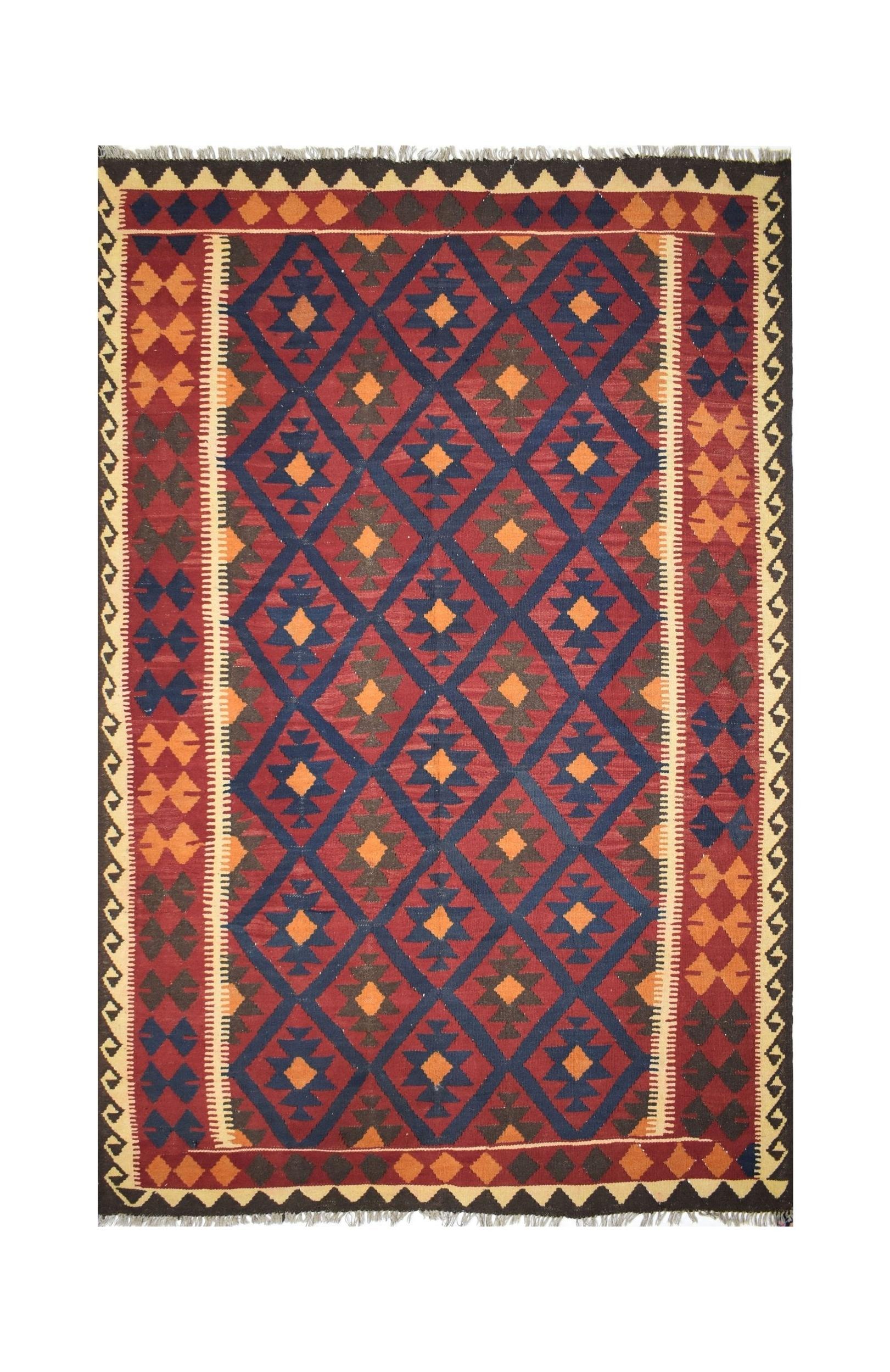 Handmade Afghan Maimana kilim rug featuring a geometric diamond pattern in red, blue, and orange.
