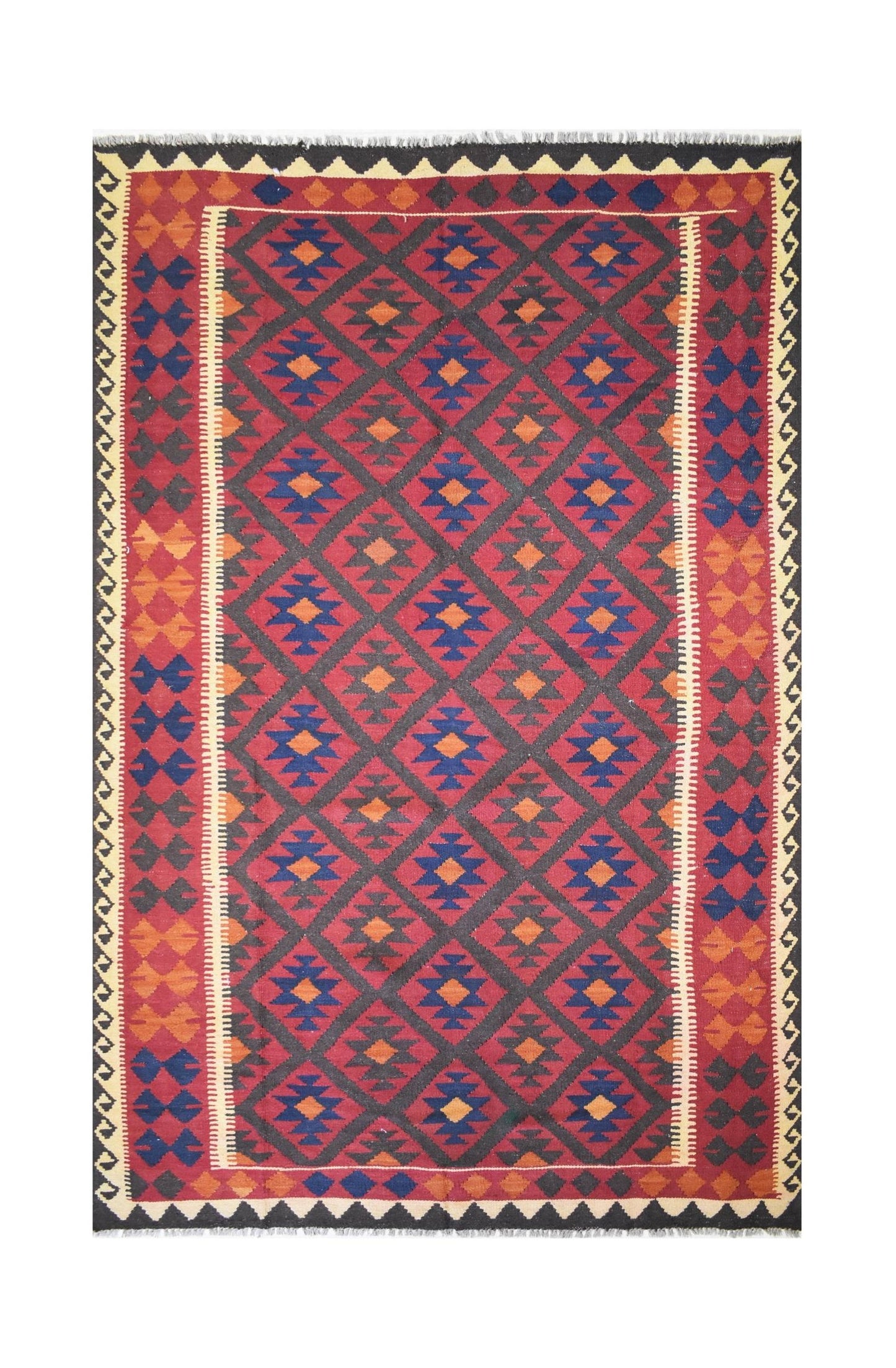 Handmade Afghan Maimana kilim rug featuring a repeating diamond pattern in red, blue, and orange.