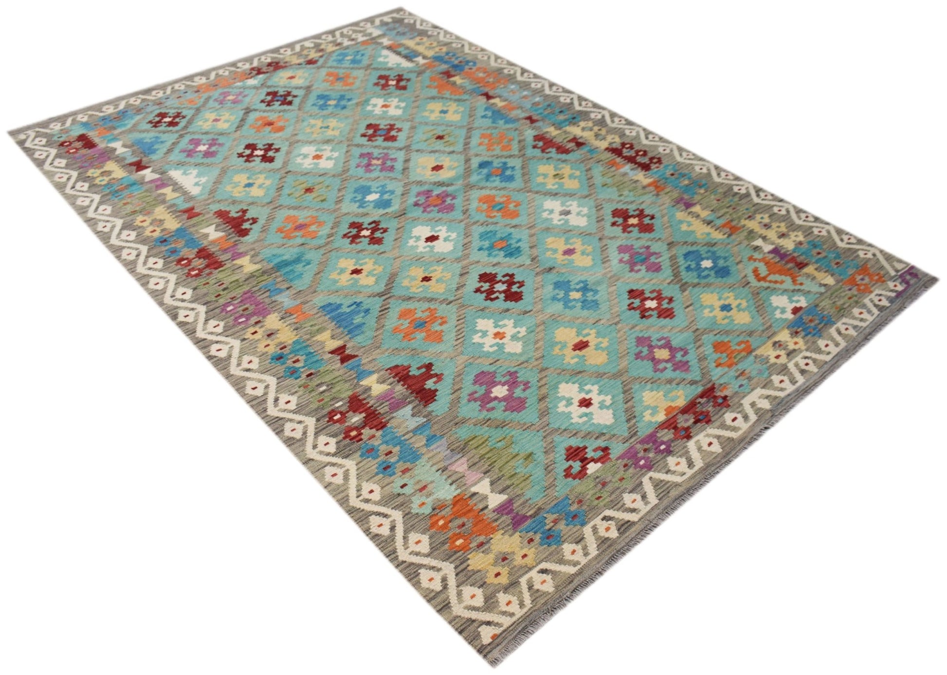 Handwoven Afghan Maimana kilim rug featuring a colorful geometric diamond pattern on a blue field.