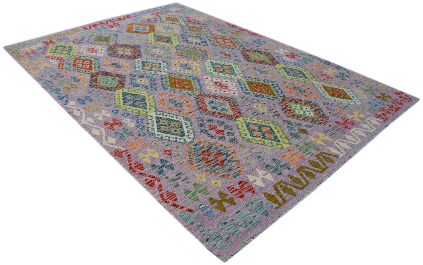 Handwoven Afghan Maimana kilim rug featuring a geometric diamond pattern in vibrant colors.