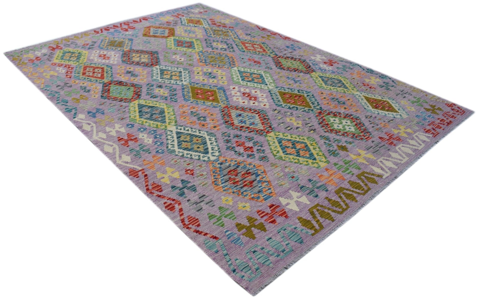 Handwoven Afghan Maimana kilim rug featuring a geometric diamond pattern in vibrant colors.