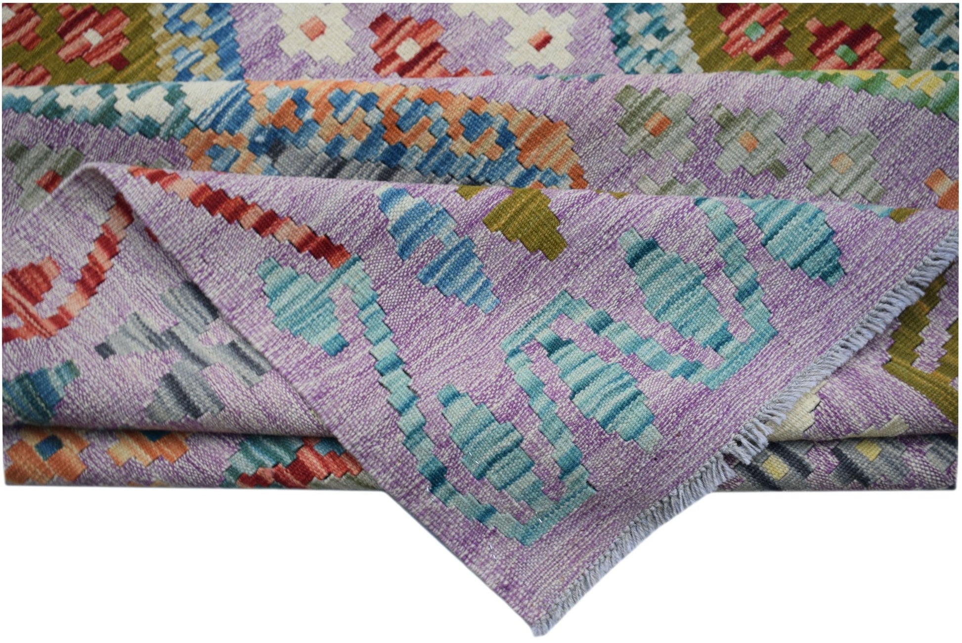 Handwoven Afghan Maimana kilim rug featuring a geometric pattern in purple, blue, and orange tones.