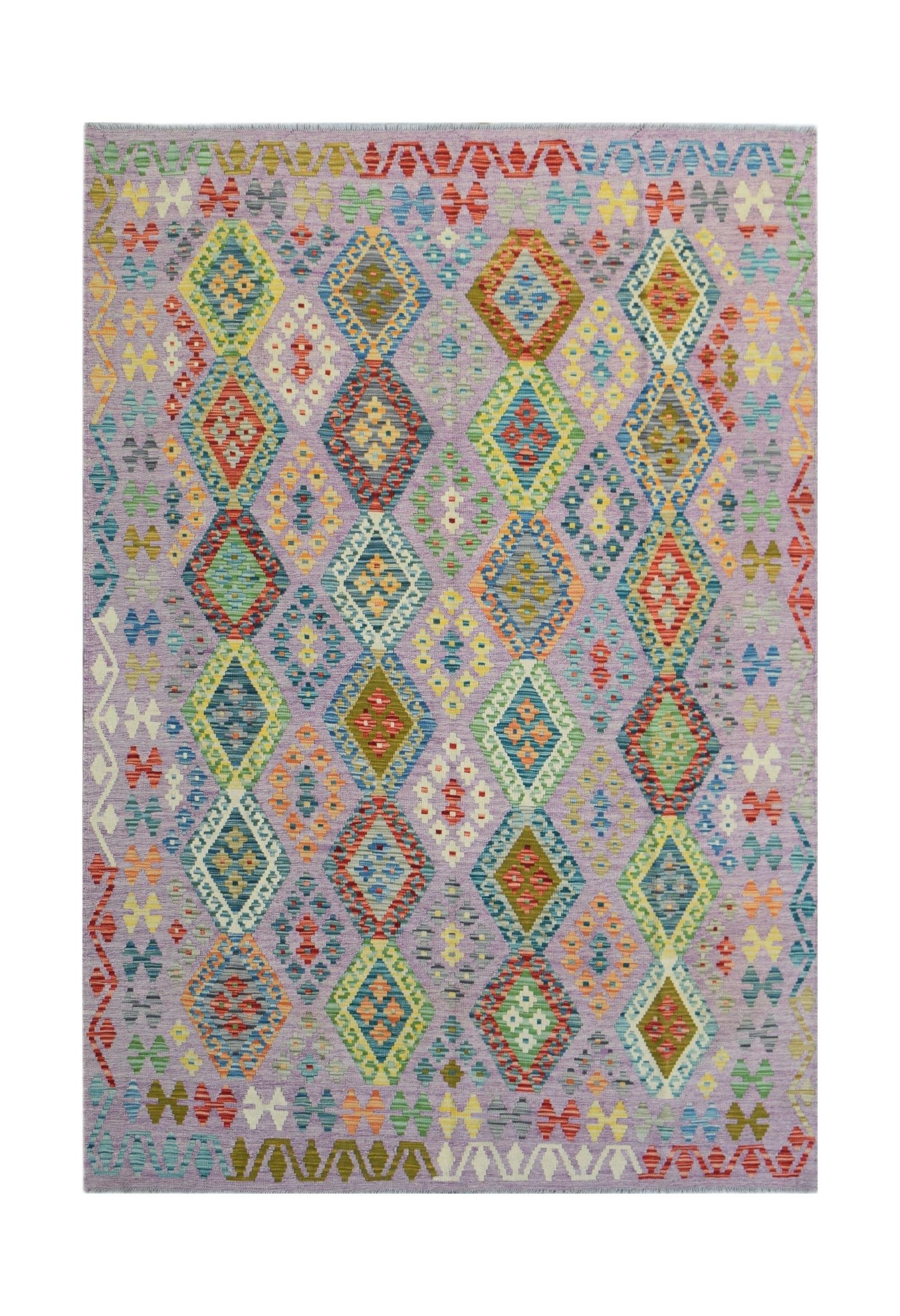 Handwoven Afghan Maimana kilim rug featuring a colorful geometric diamond pattern on a lilac base.