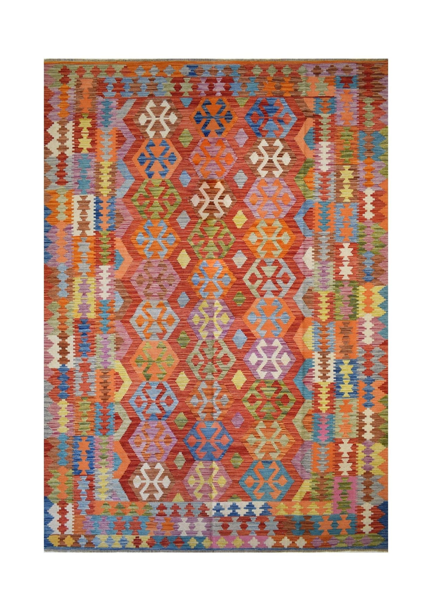 Handmade Afghan Maimana kilim rug featuring a vibrant geometric pattern in multicolored wool.