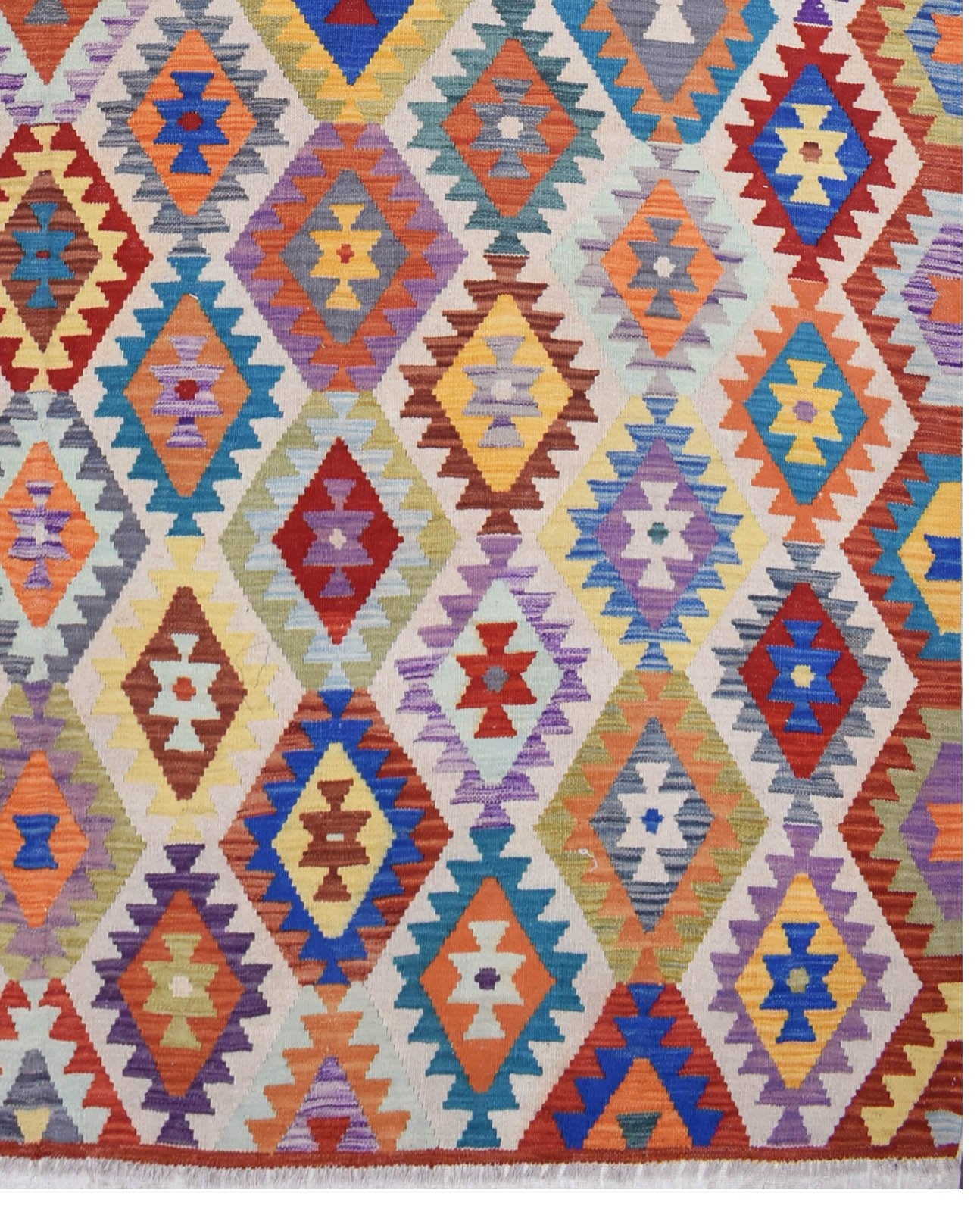Handmade Afghan Maimana kilim rug featuring a vibrant geometric diamond pattern in wool.