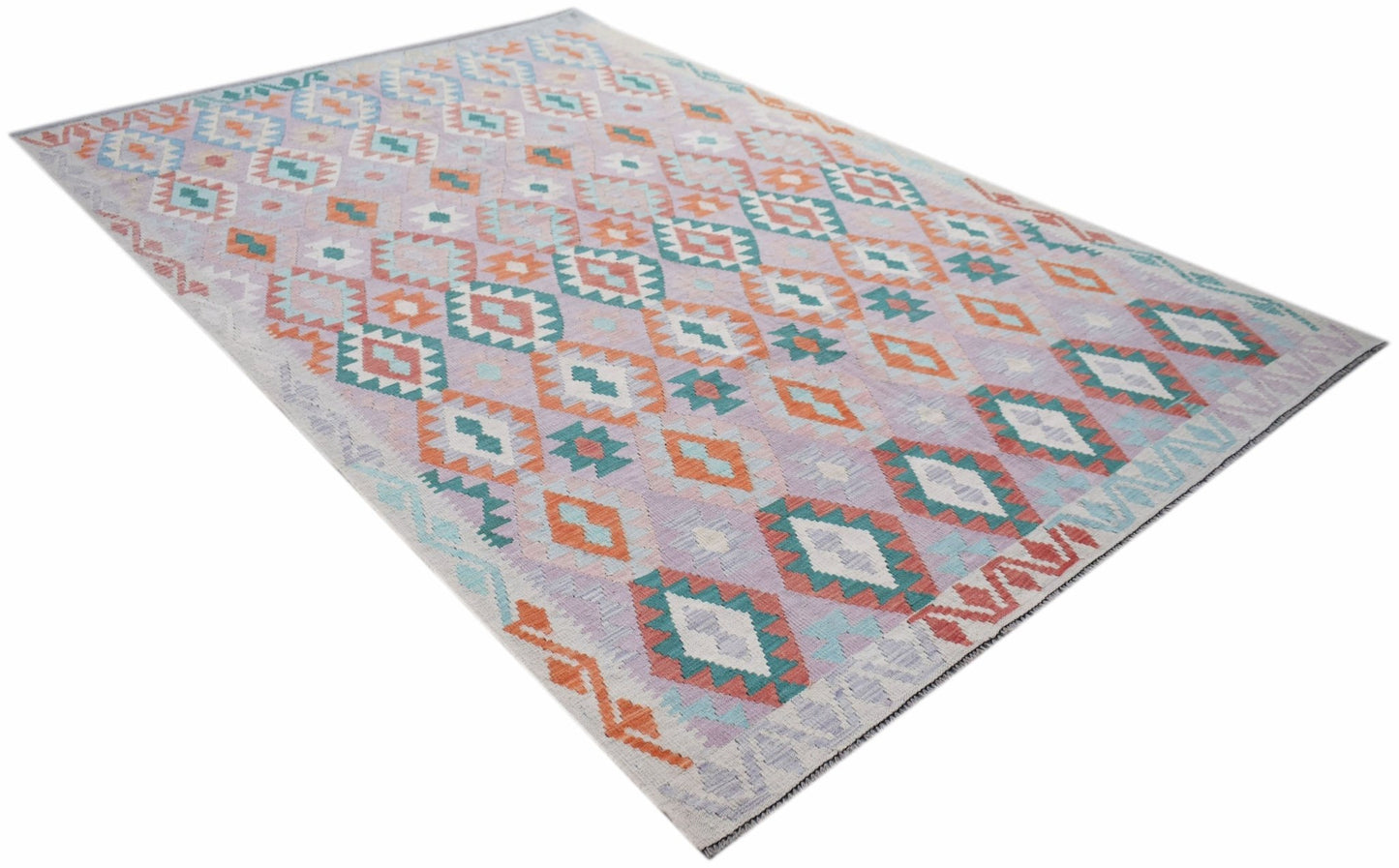 Handwoven Afghan Maimana kilim rug featuring a geometric diamond pattern in orange, teal, and grey.