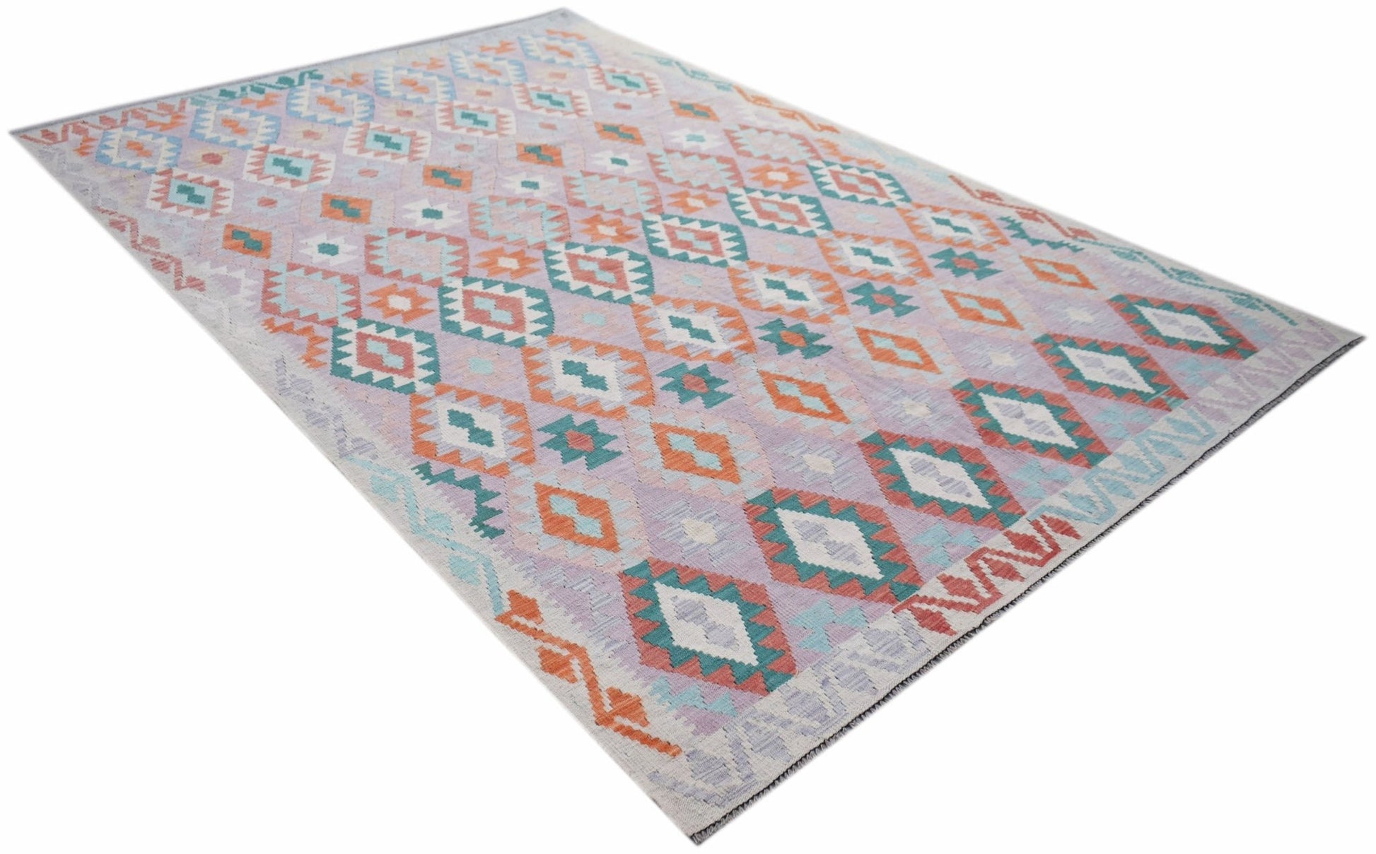 Handwoven Afghan Maimana kilim rug featuring a geometric diamond pattern in orange, teal, and grey.