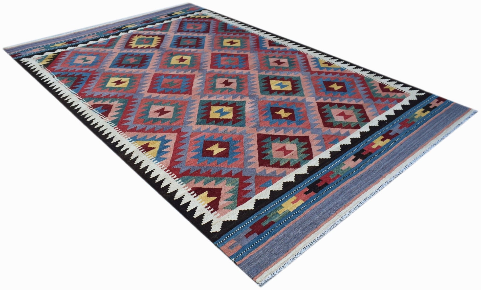 Handwoven Afghan Maimana kilim rug featuring a colorful geometric diamond pattern in wool.