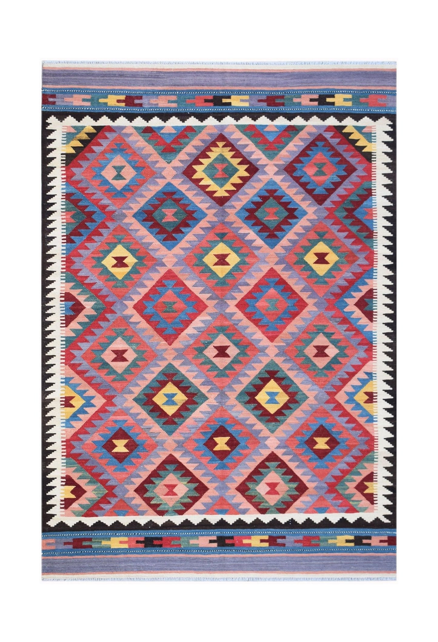 Handwoven Afghan Maimana kilim rug featuring a colorful geometric diamond pattern.
