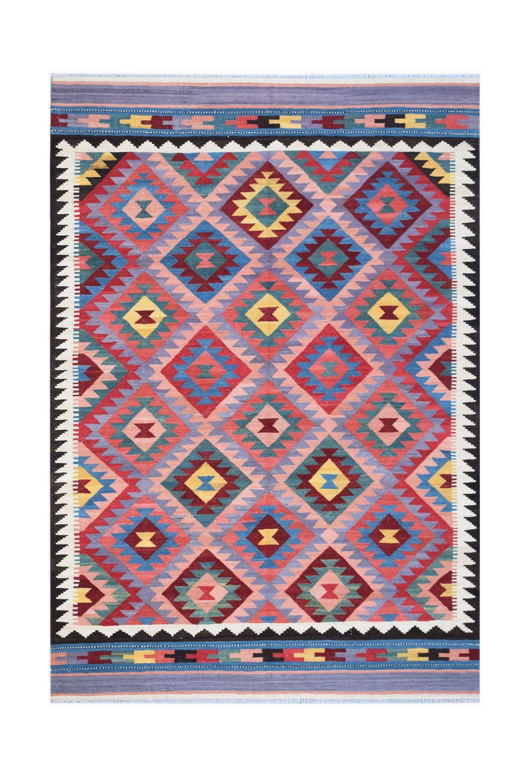 Handwoven Afghan Maimana kilim rug featuring a colorful geometric diamond pattern.