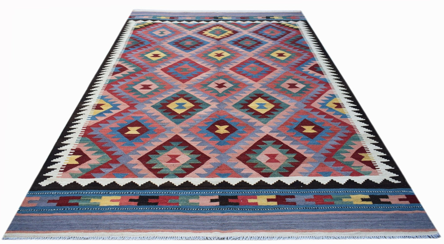 Handwoven Afghan Maimana kilim rug featuring a colorful geometric diamond pattern.