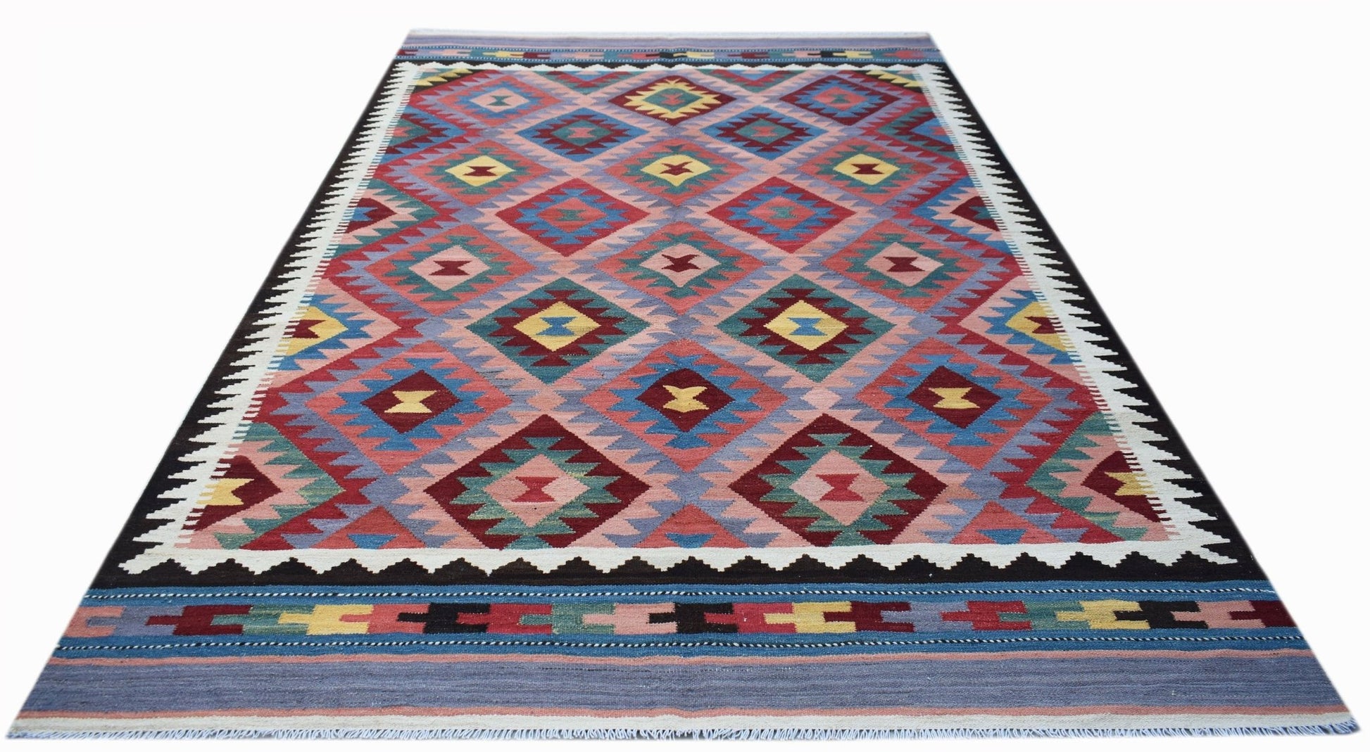 Handwoven Afghan Maimana kilim rug featuring a colorful geometric diamond pattern.