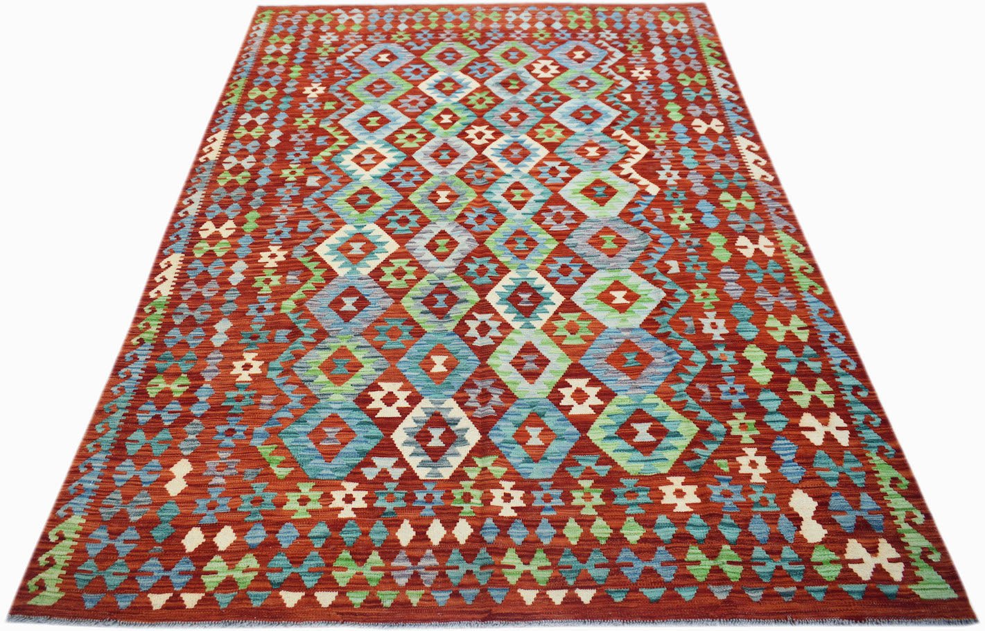 Handwoven Afghan Maimana kilim rug featuring a geometric diamond pattern in red, blue, and green.