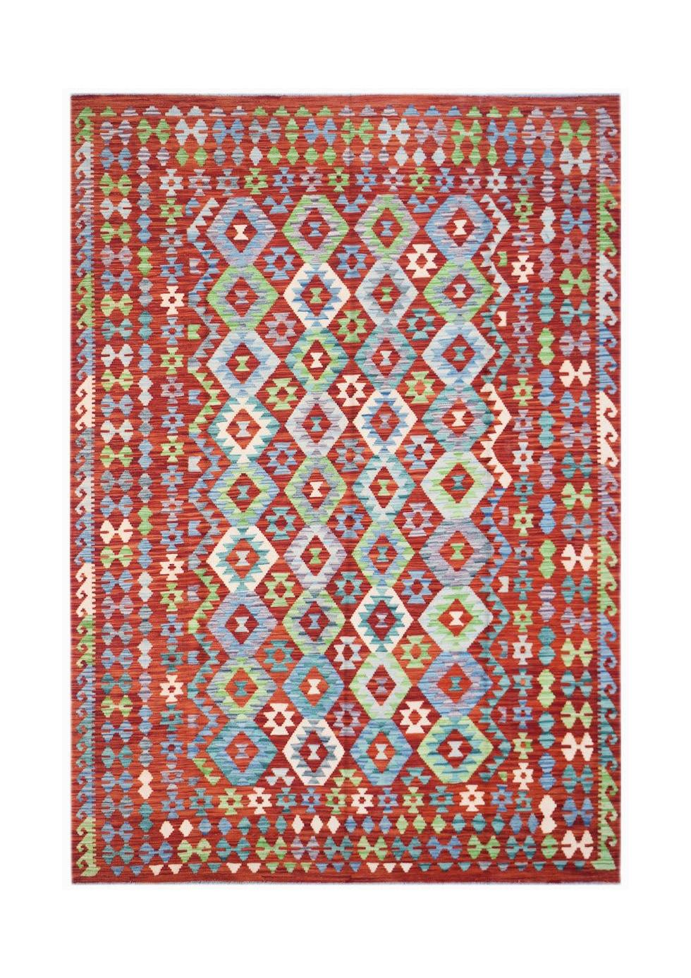 Handwoven Afghan Maimana kilim rug featuring a geometric diamond pattern in red, blue, and green.