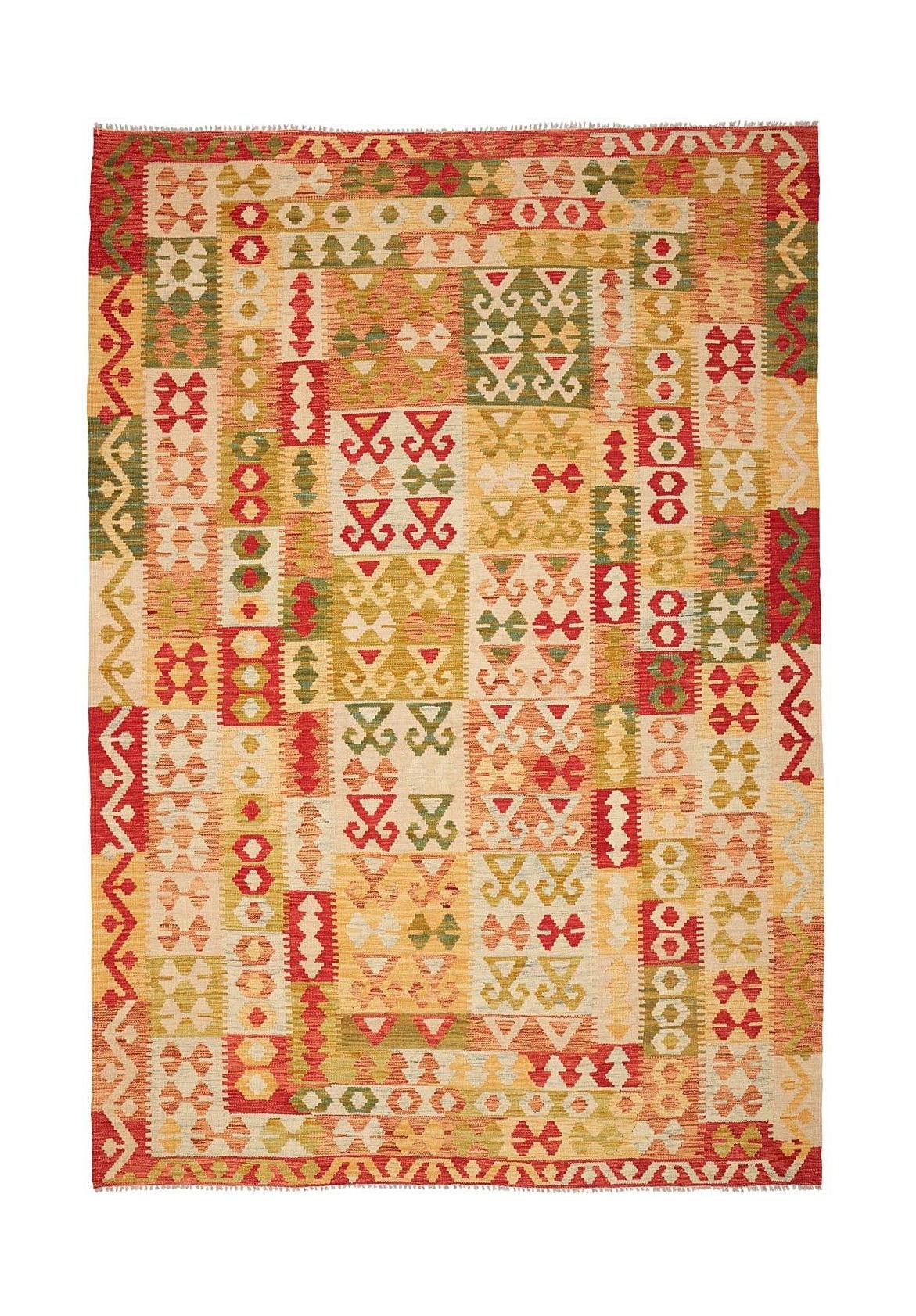Handmade Afghan Maimana kilim rug featuring a colorful patchwork of geometric patterns.