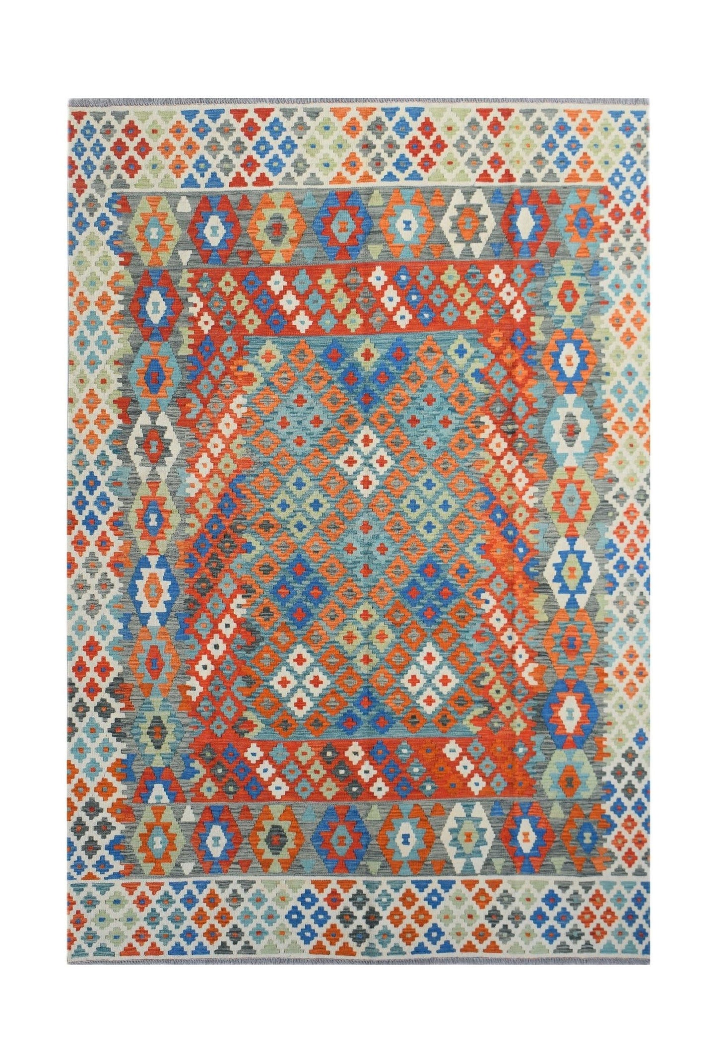 Handwoven Afghan Maimana kilim rug featuring a vibrant geometric pattern in wool.