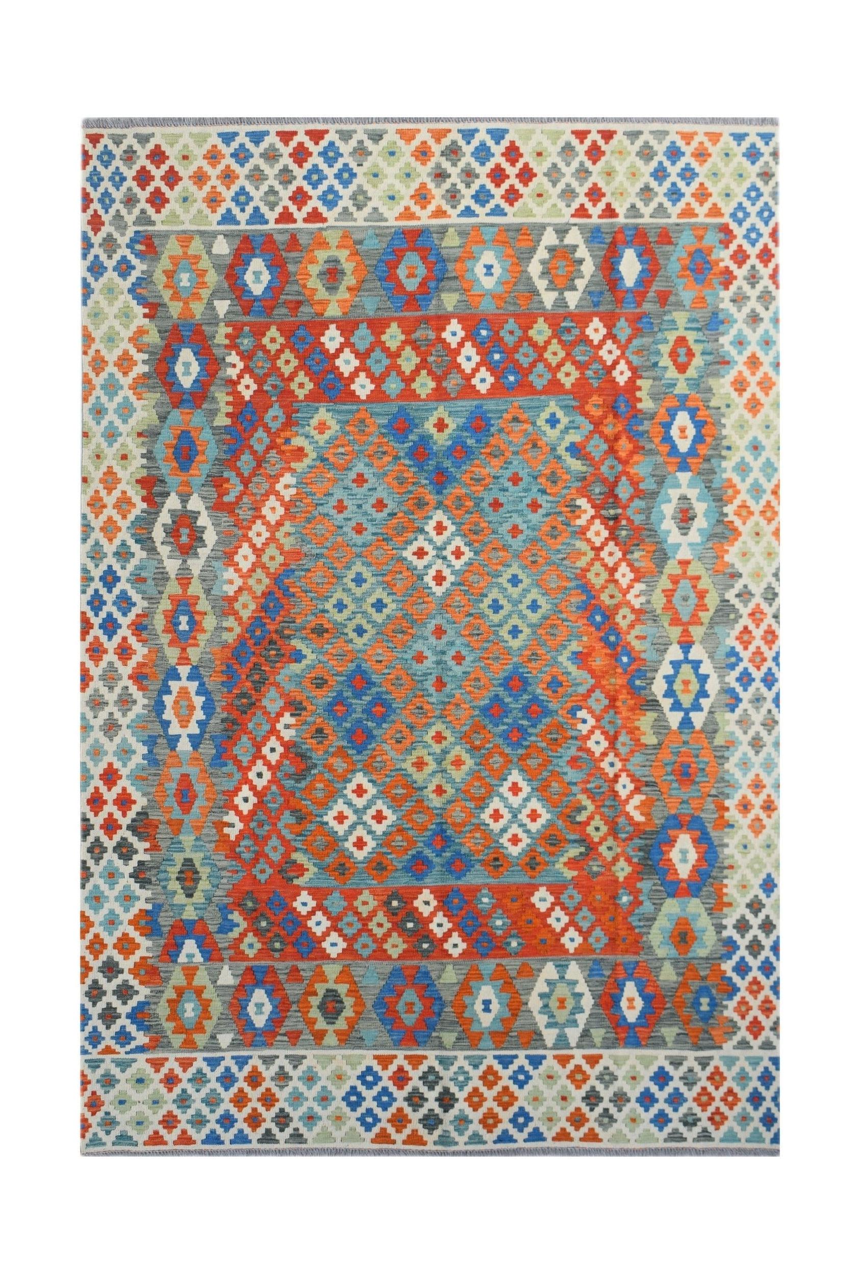 Handwoven Afghan Maimana kilim rug featuring a vibrant geometric pattern in wool.