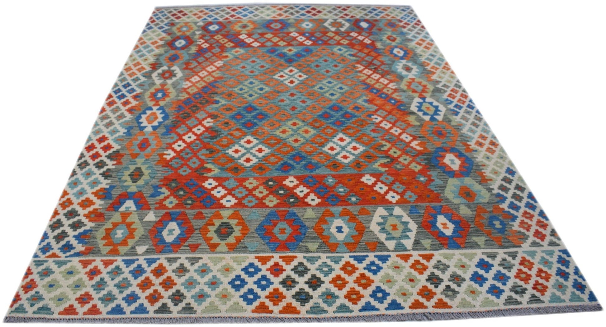 Handwoven Afghan Maimana kilim rug featuring a vibrant geometric pattern in wool.