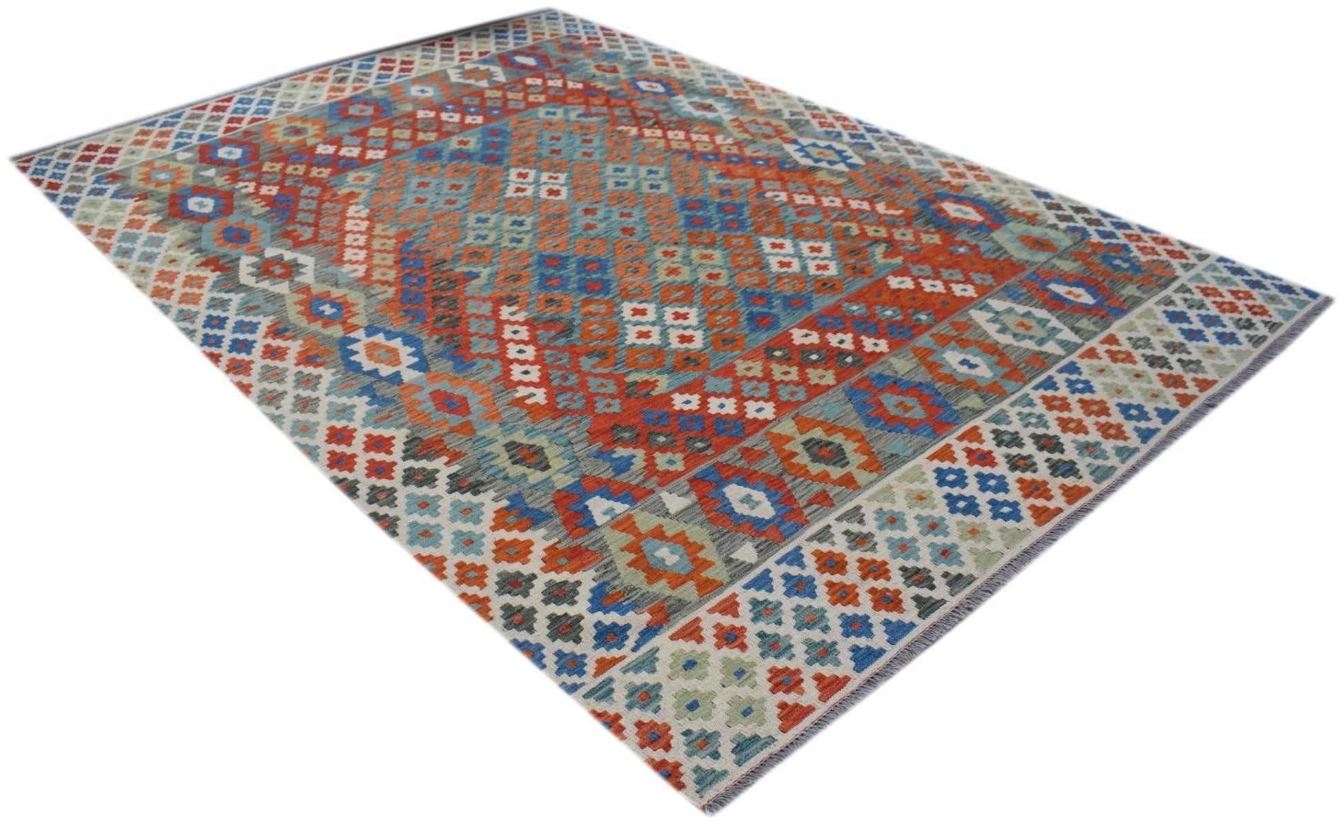 Handwoven Afghan Maimana kilim rug featuring a geometric pattern in red, blue, and cream tones.