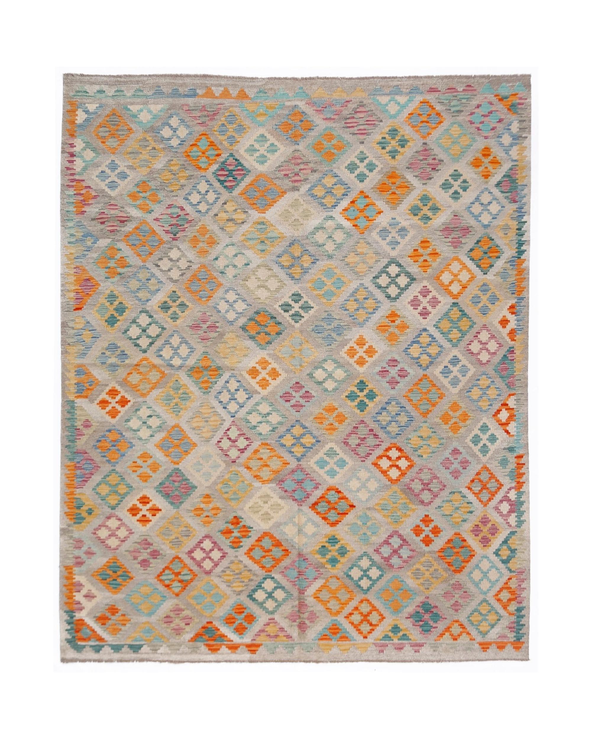 Handwoven Afghan Maimana kilim rug featuring a colorful geometric diamond pattern on a grey base.