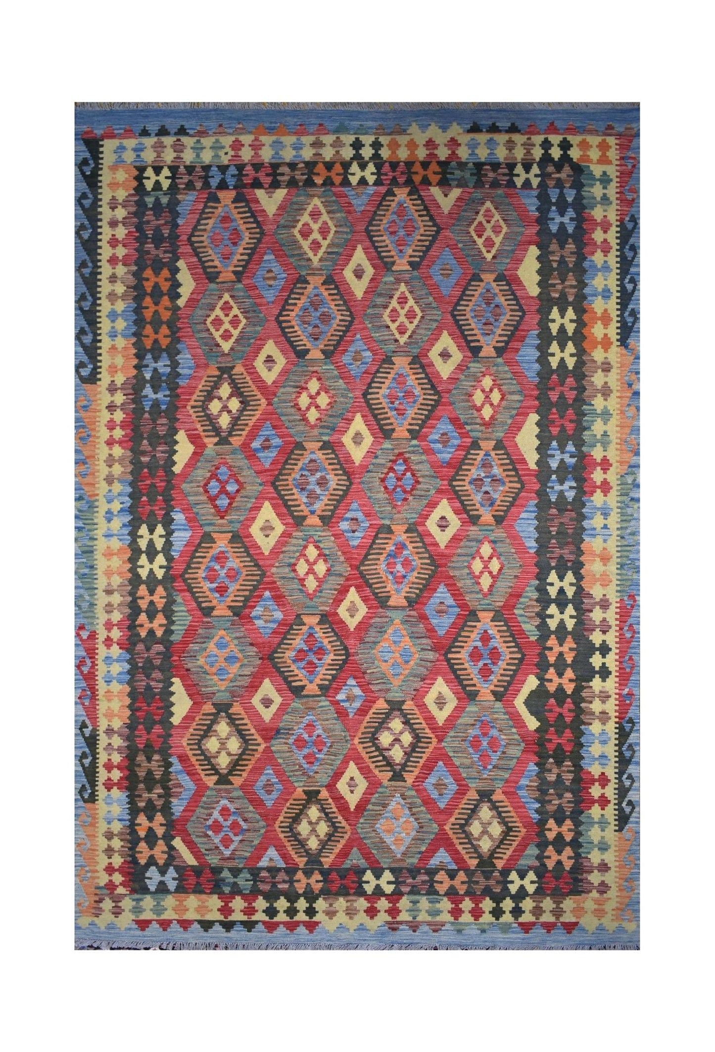 Handmade Afghan Maimana kilim rug featuring a vibrant geometric diamond pattern in wool.