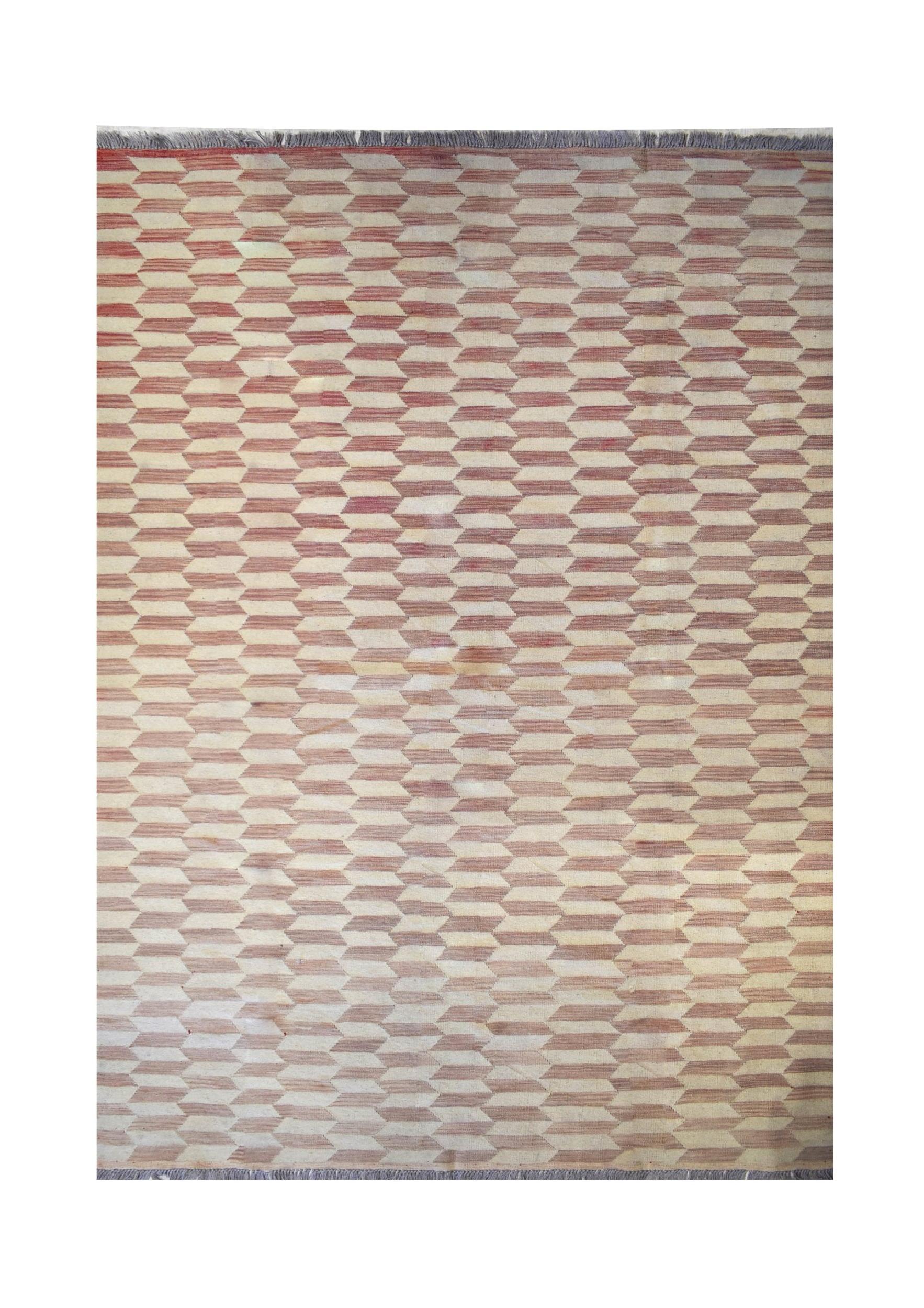 Handmade Afghan Maimana kilim rug featuring a repeating geometric pattern in red and cream tones.