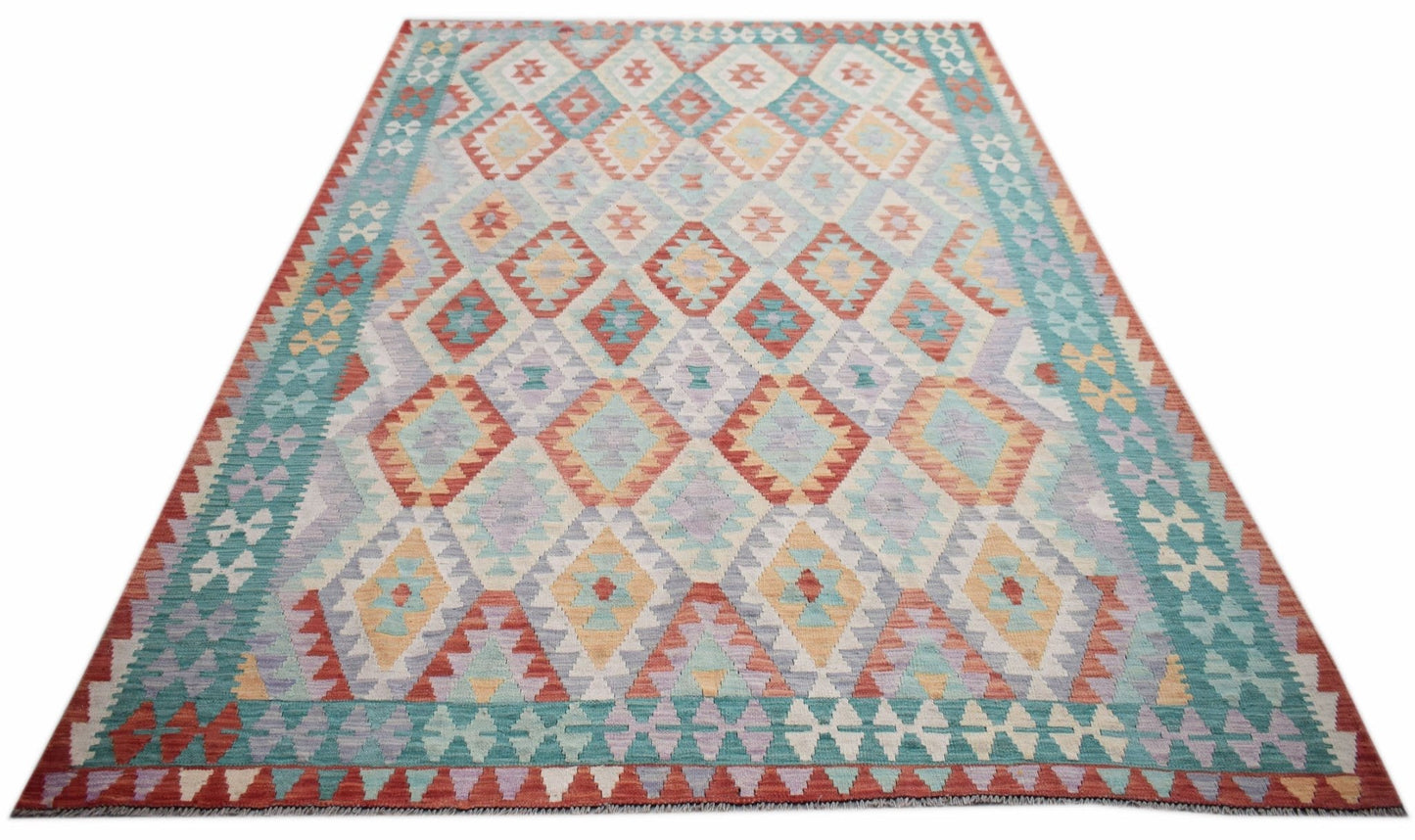 Handwoven Afghan Maimana kilim rug featuring a colorful geometric diamond pattern.