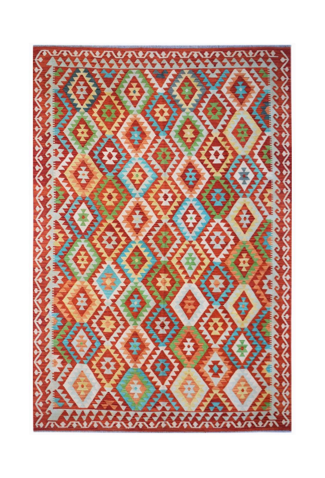 Handwoven Afghan Maimana kilim rug featuring a vibrant geometric diamond pattern in wool.