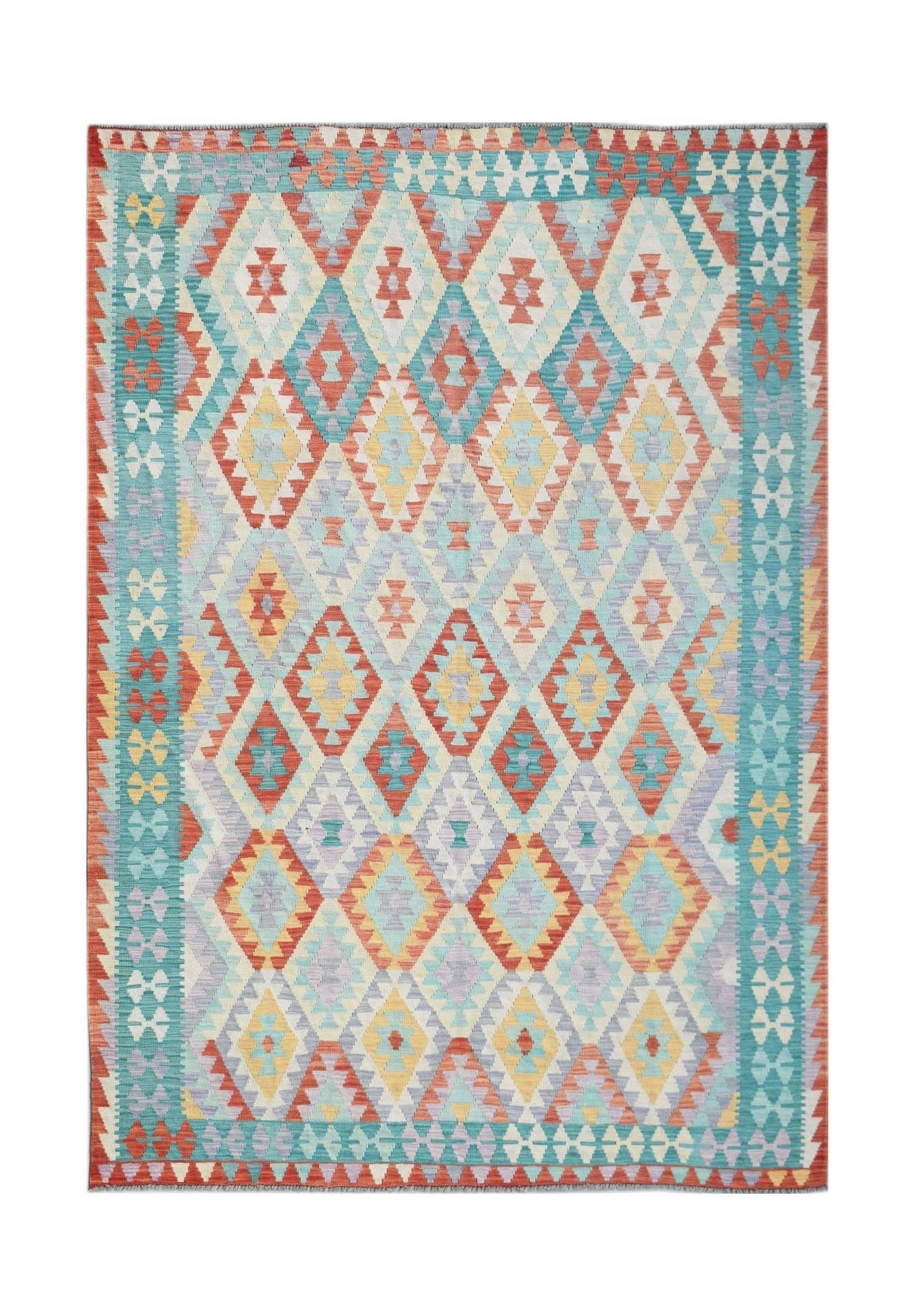 Handwoven Afghan Maimana kilim rug featuring a colorful geometric diamond pattern.