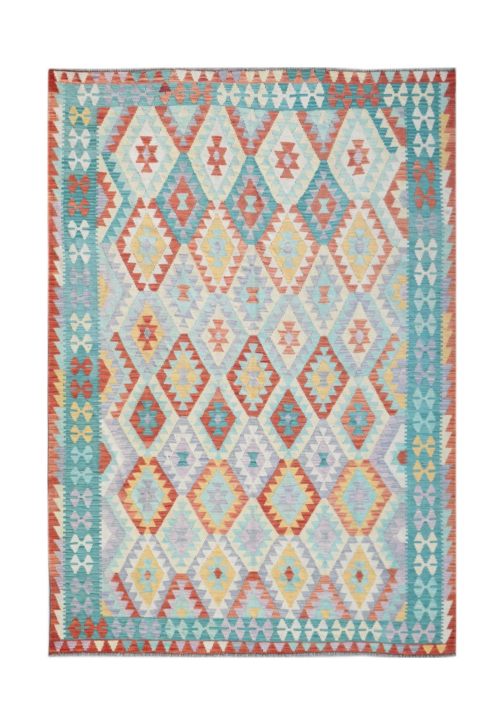 Handwoven Afghan Maimana kilim rug featuring a colorful geometric diamond pattern.