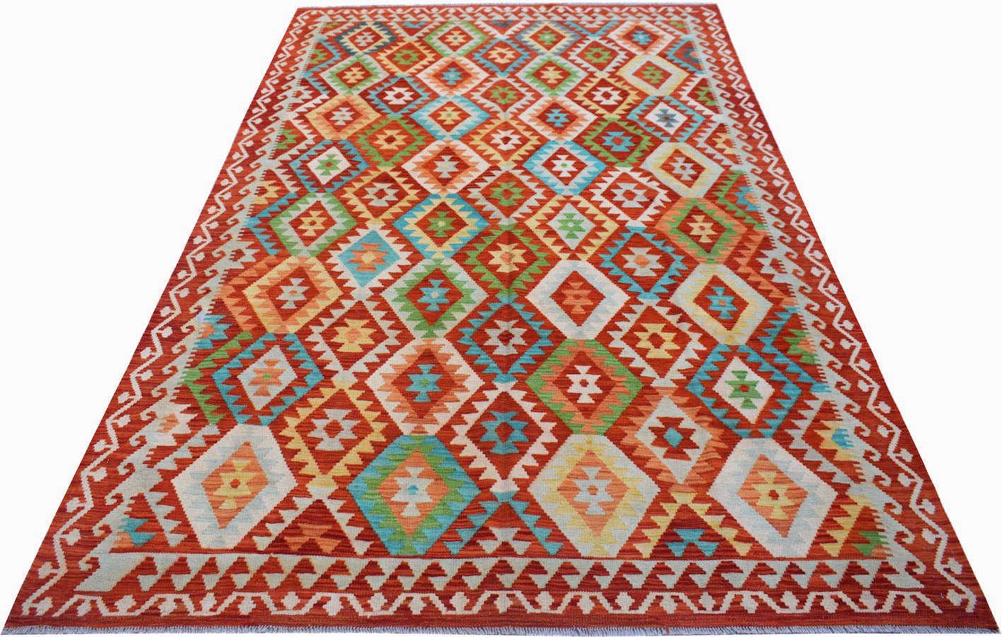 Handwoven Afghan Maimana kilim rug featuring a vibrant geometric diamond pattern in wool.