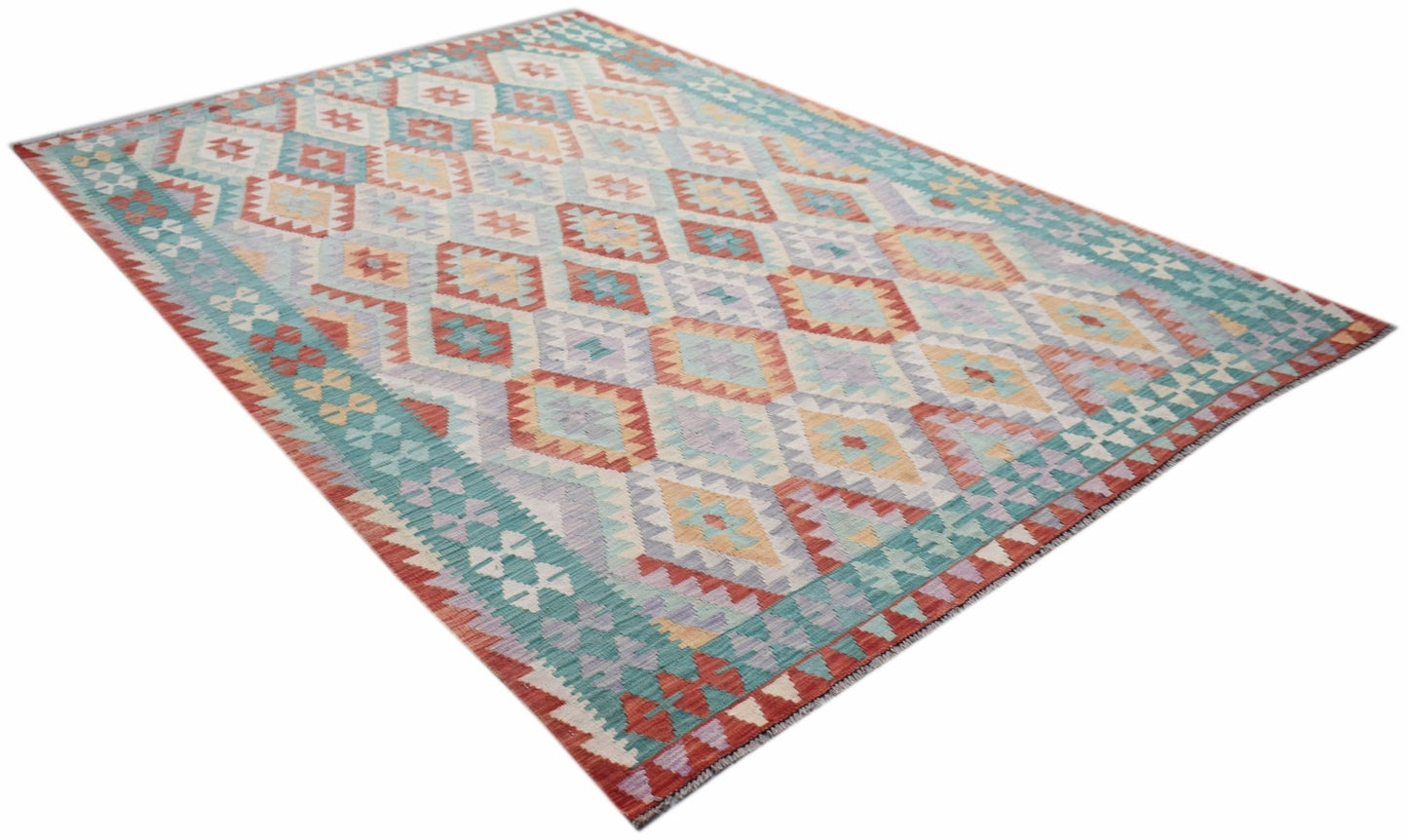 Handwoven Afghan Maimana kilim rug featuring a geometric diamond pattern in multi-colored wool.