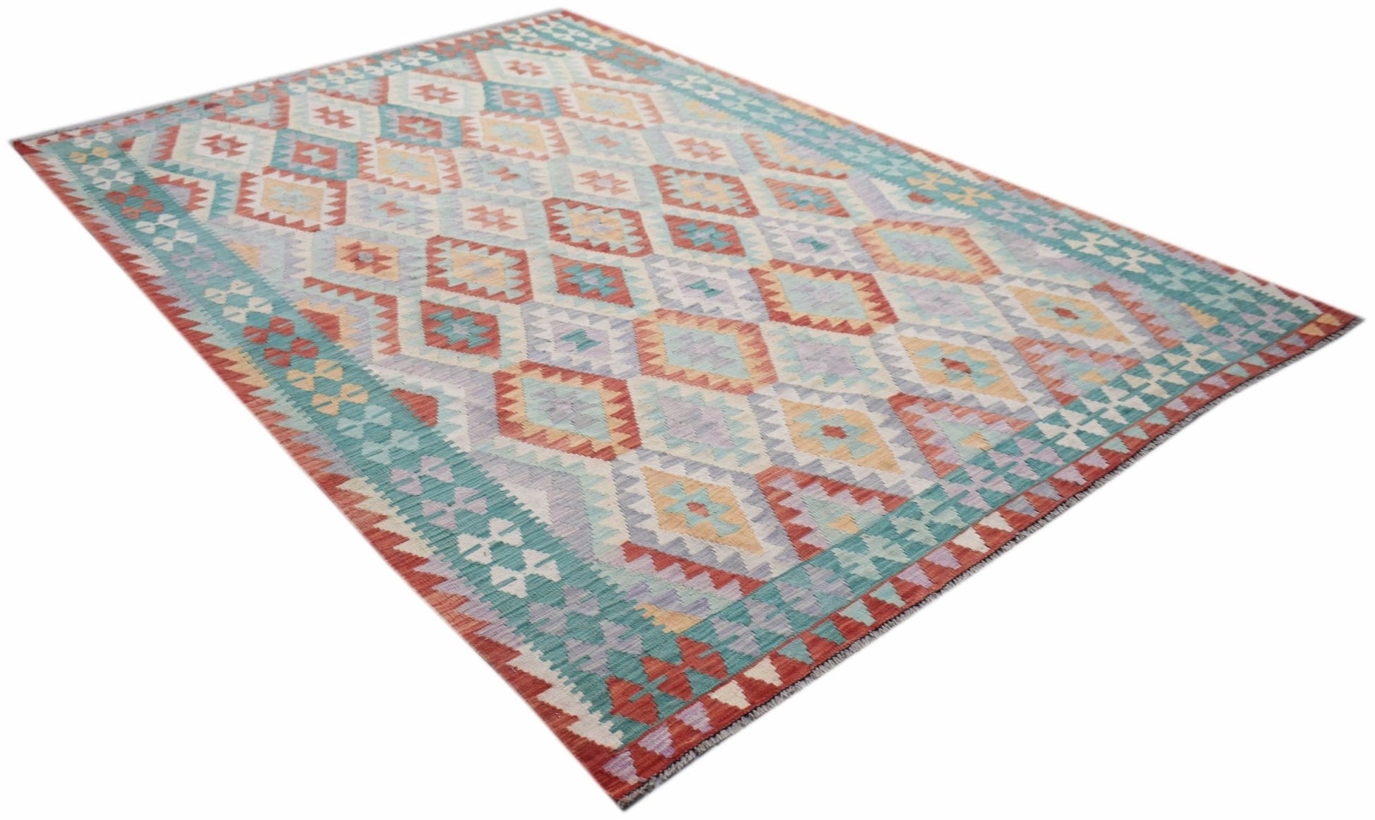Handwoven Afghan Maimana kilim rug featuring a geometric diamond pattern in multi-colored wool.