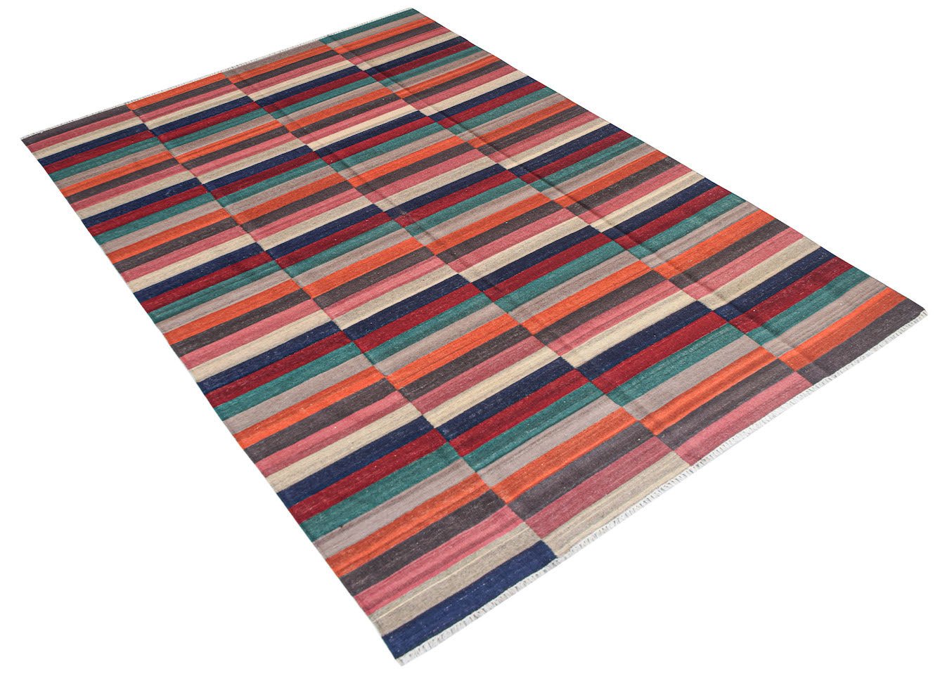 Afghan Maimana Kilim with horizontal stripes in multiple colors.