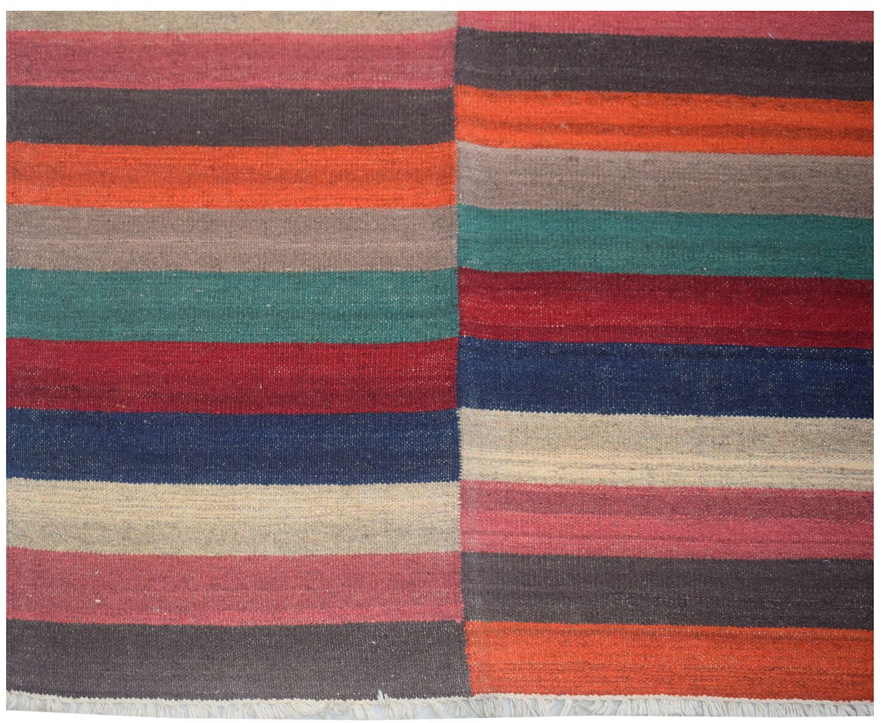 Handwoven Afghan Maimana kilim rug featuring a vibrant, multi-colored horizontal striped pattern.