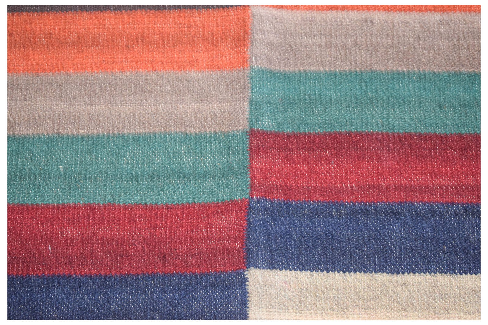 Handwoven Afghan Maimana kilim featuring a geometric pattern of colorful horizontal stripes.